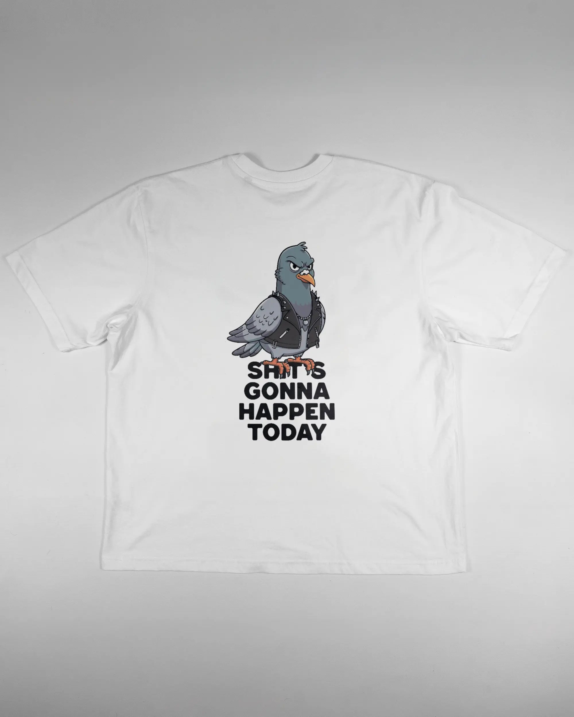Rückseite des Basic Unisex T-Shirt Oversized von Maondo mit dem Design Pigeon Pun in der Farbe White und in der Größe L flach auf den Boden gelegt