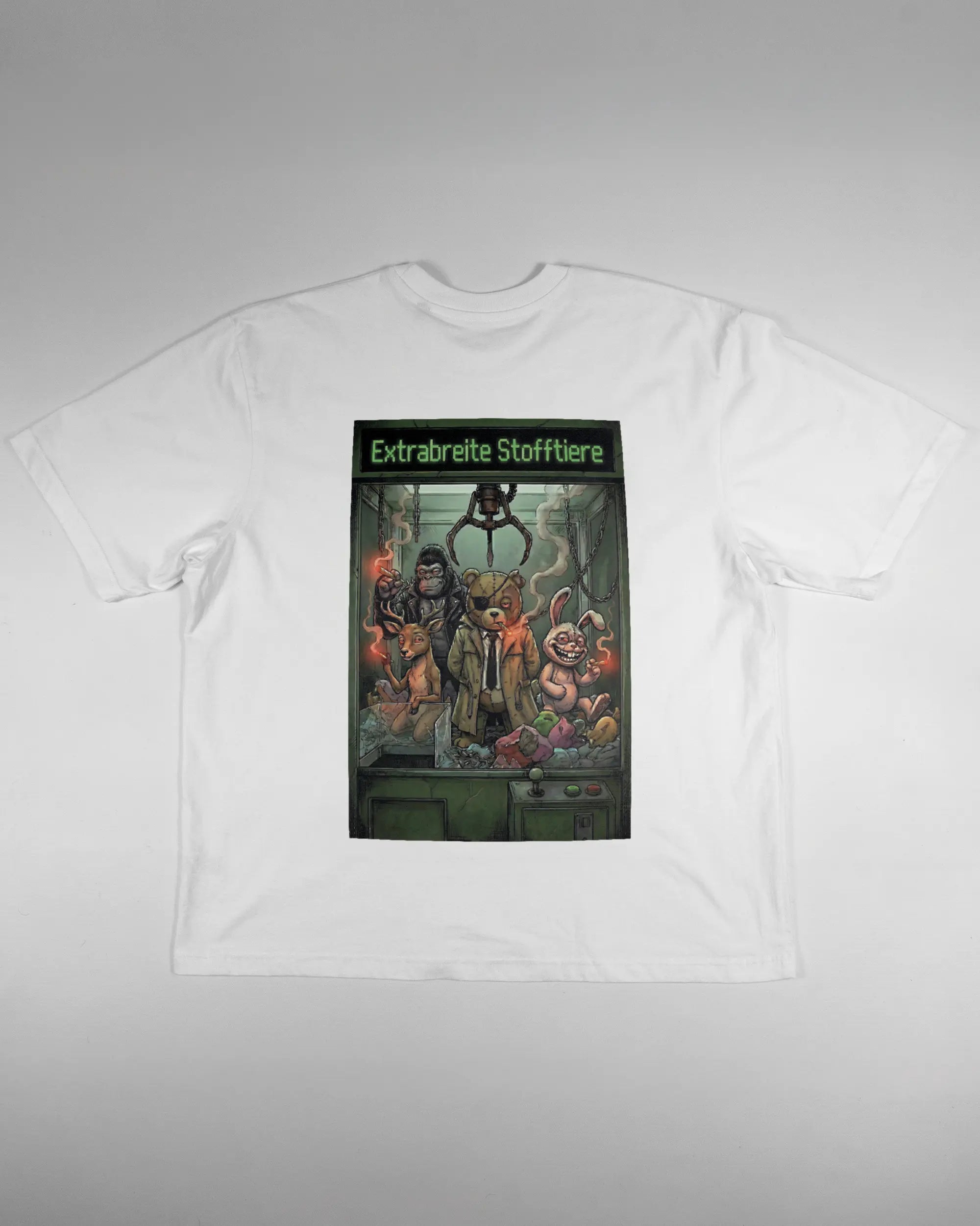 Rückseite des Basic Unisex T-Shirt Oversized von Maondo mit dem Design Extrabreit in der Farbe White und in der Größe L flach auf den Boden gelegt