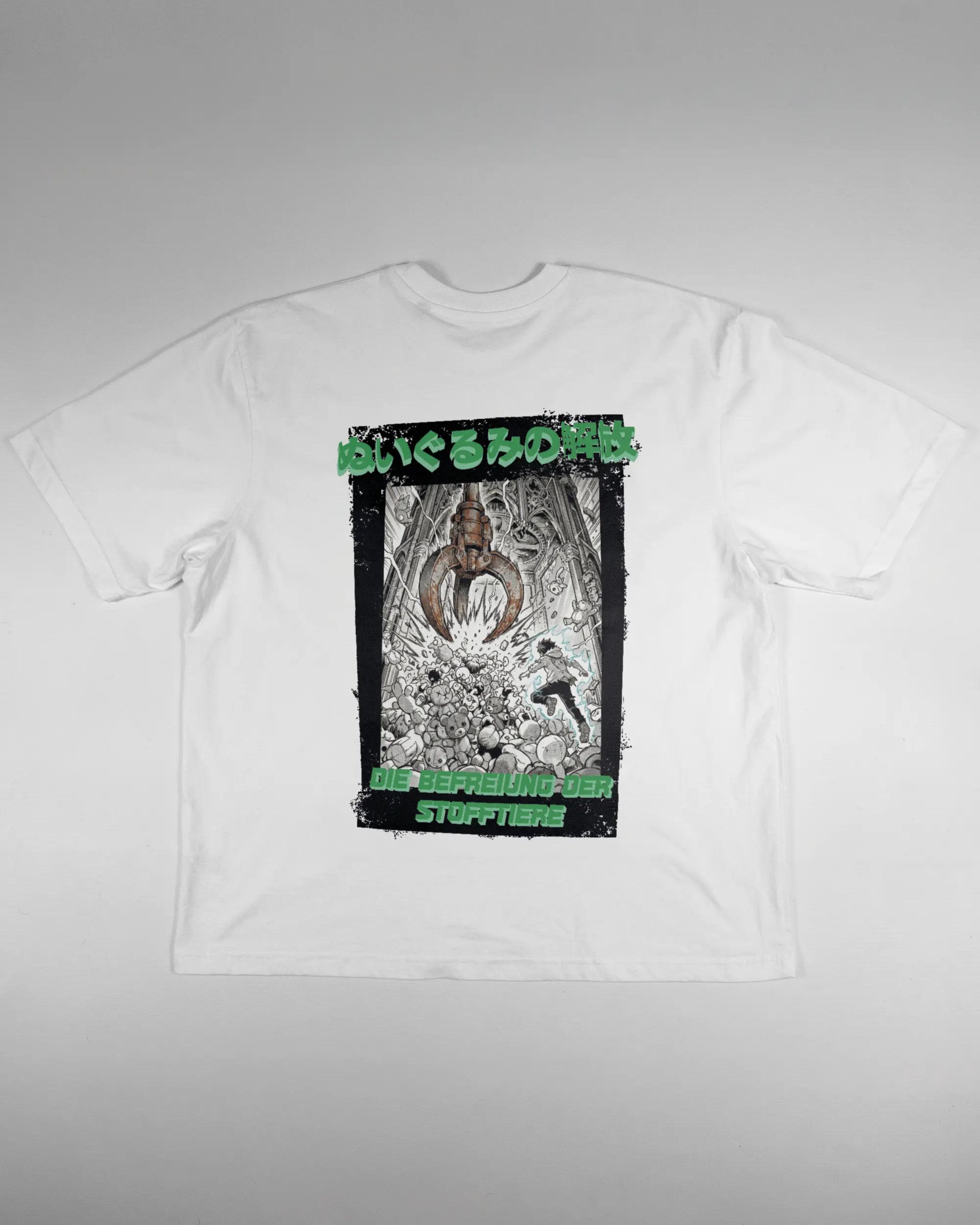 Rückseite des Basic Unisex T-Shirt Oversized von Maondo mit dem Design Save 1 Stofftier in der Farbe White und in der Größe L flach auf den Boden gelegt