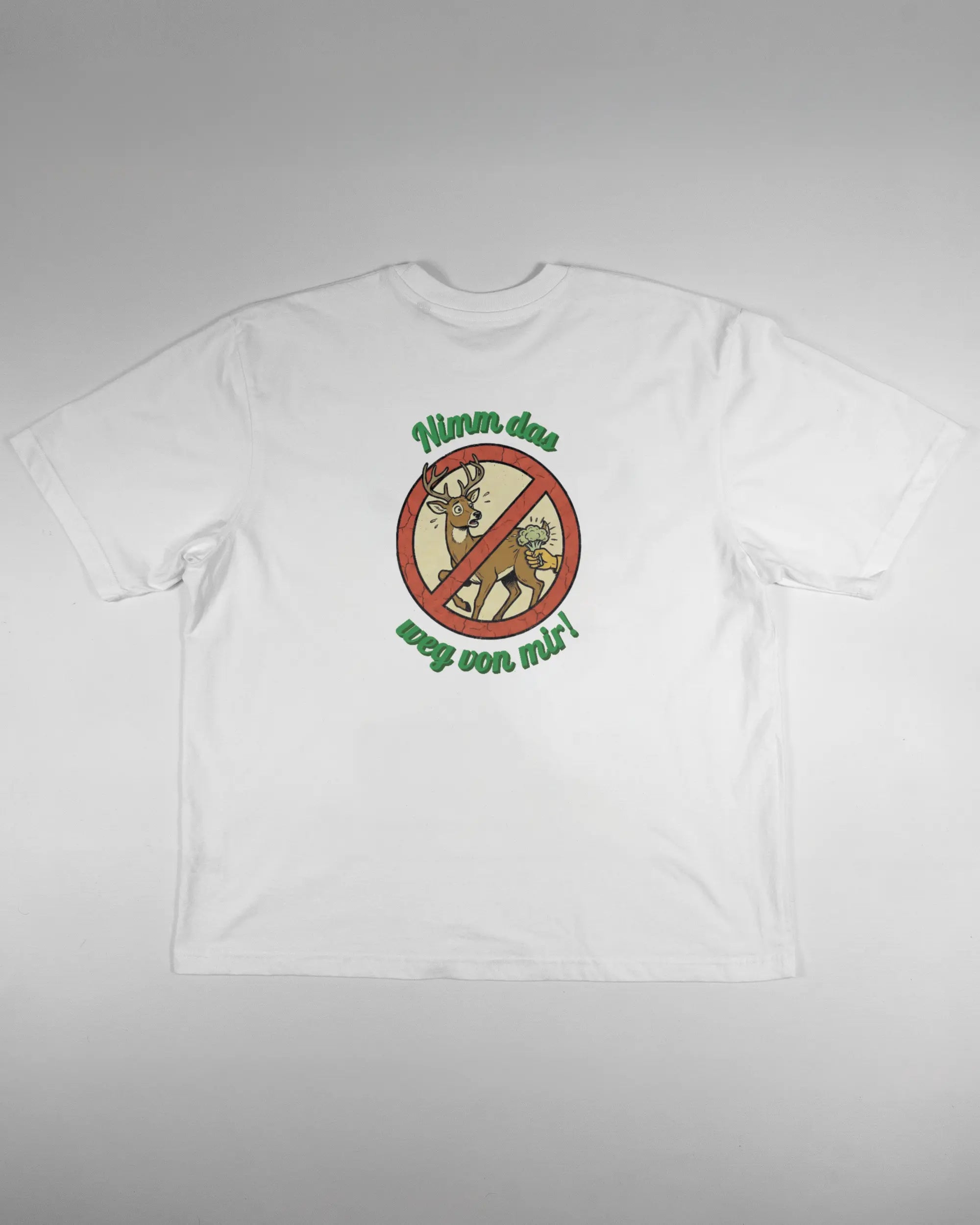 Rückseite des Basic Unisex T-Shirt Oversized von Maondo mit dem Design Reh weg in der Farbe White und in der Größe L flach auf den Boden gelegt