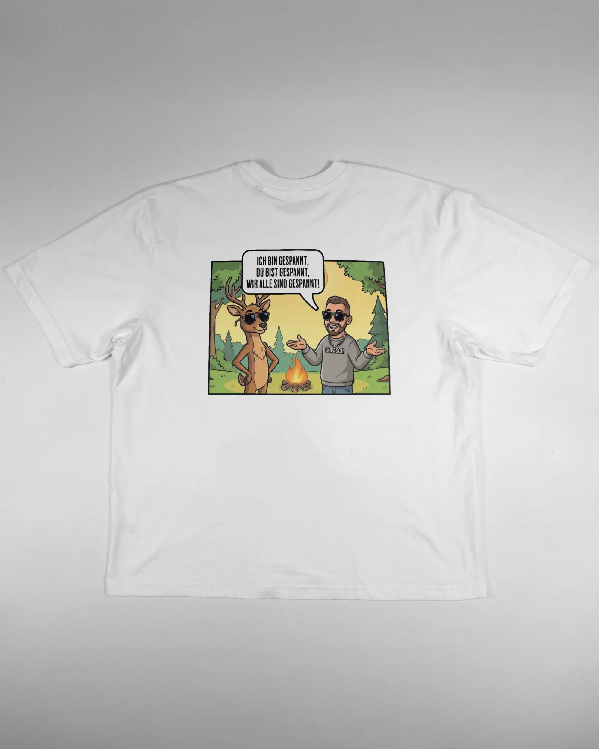 Rückseite des Basic Unisex T-Shirt Oversized von Maondo mit dem Design Vollspannung in der Farbe White und in der Größe L flach auf den Boden gelegt