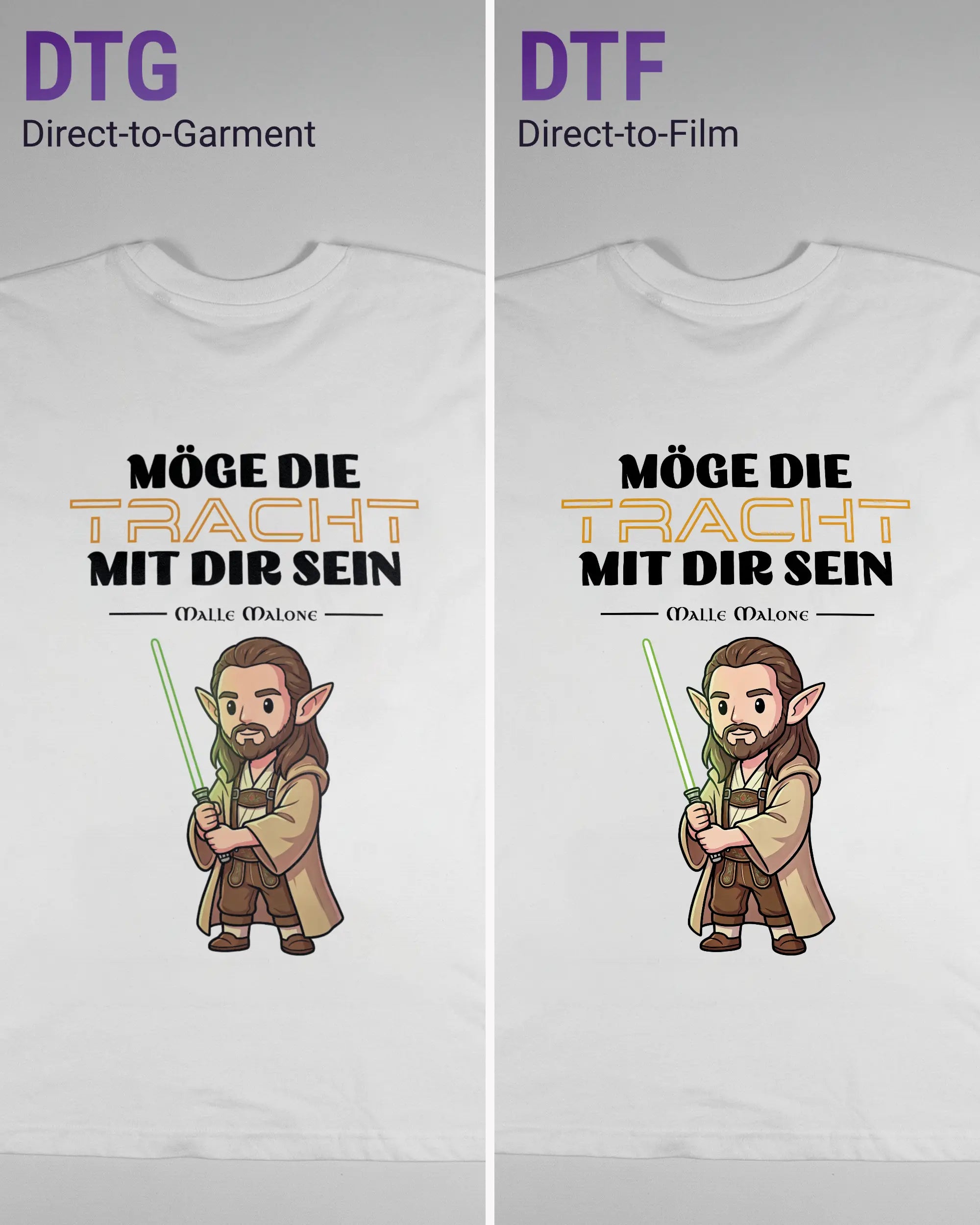 Vergleich der Rückseiten des Basic Unisex T-Shirt Oversized von Maondo mit dem Design Tracht mit dir in der Farbe White und in der Größe L links mit dem Direct-to-Garment und rechts mit dem Direct-to-Film Verfahren