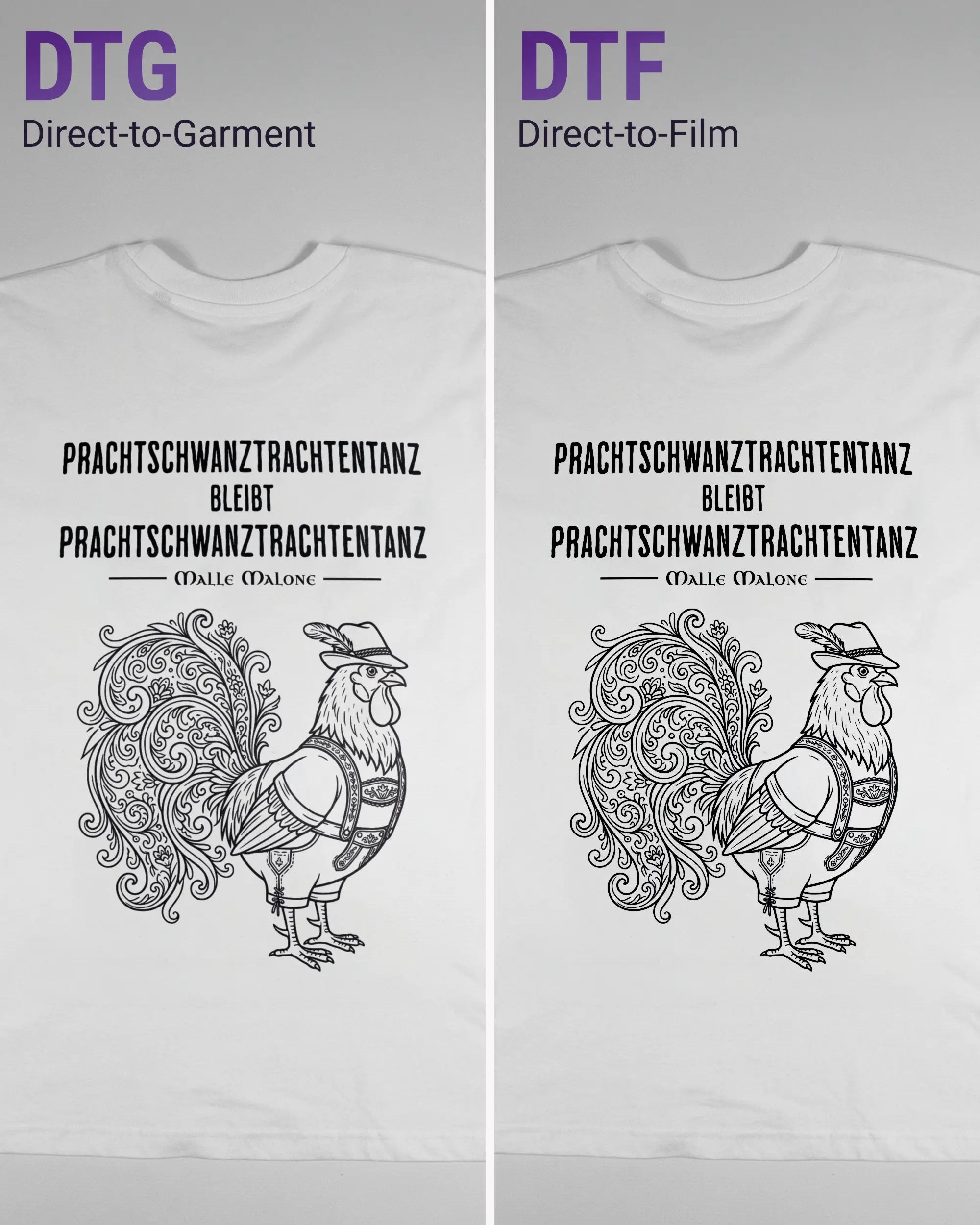Vergleich der Rückseiten des Basic Unisex T-Shirt Oversized von Maondo mit dem Design Trachtentanz in der Farbe White und in der Größe L links mit dem Direct-to-Garment und rechts mit dem Direct-to-Film Verfahren