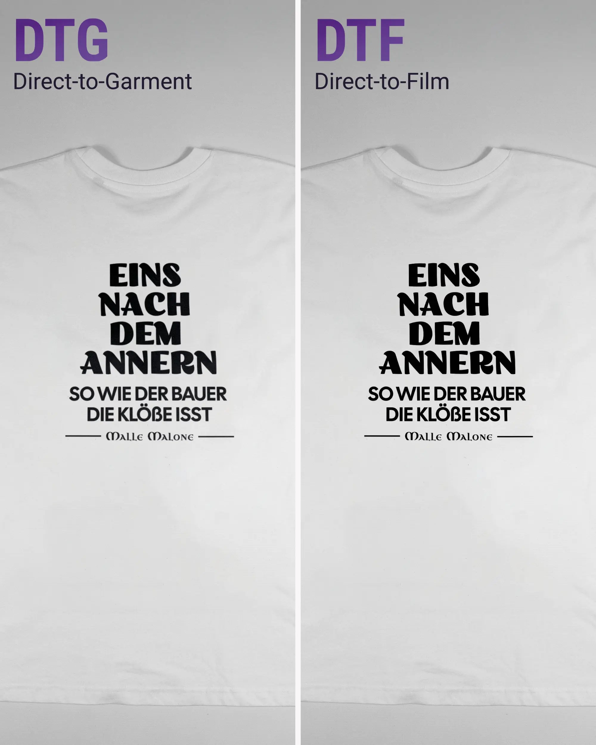 Vergleich der Rückseiten des Basic Unisex T-Shirt Oversized von Maondo mit dem Design Eins nach dem Annern in der Farbe White und in der Größe L links mit dem Direct-to-Garment und rechts mit dem Direct-to-Film Verfahren