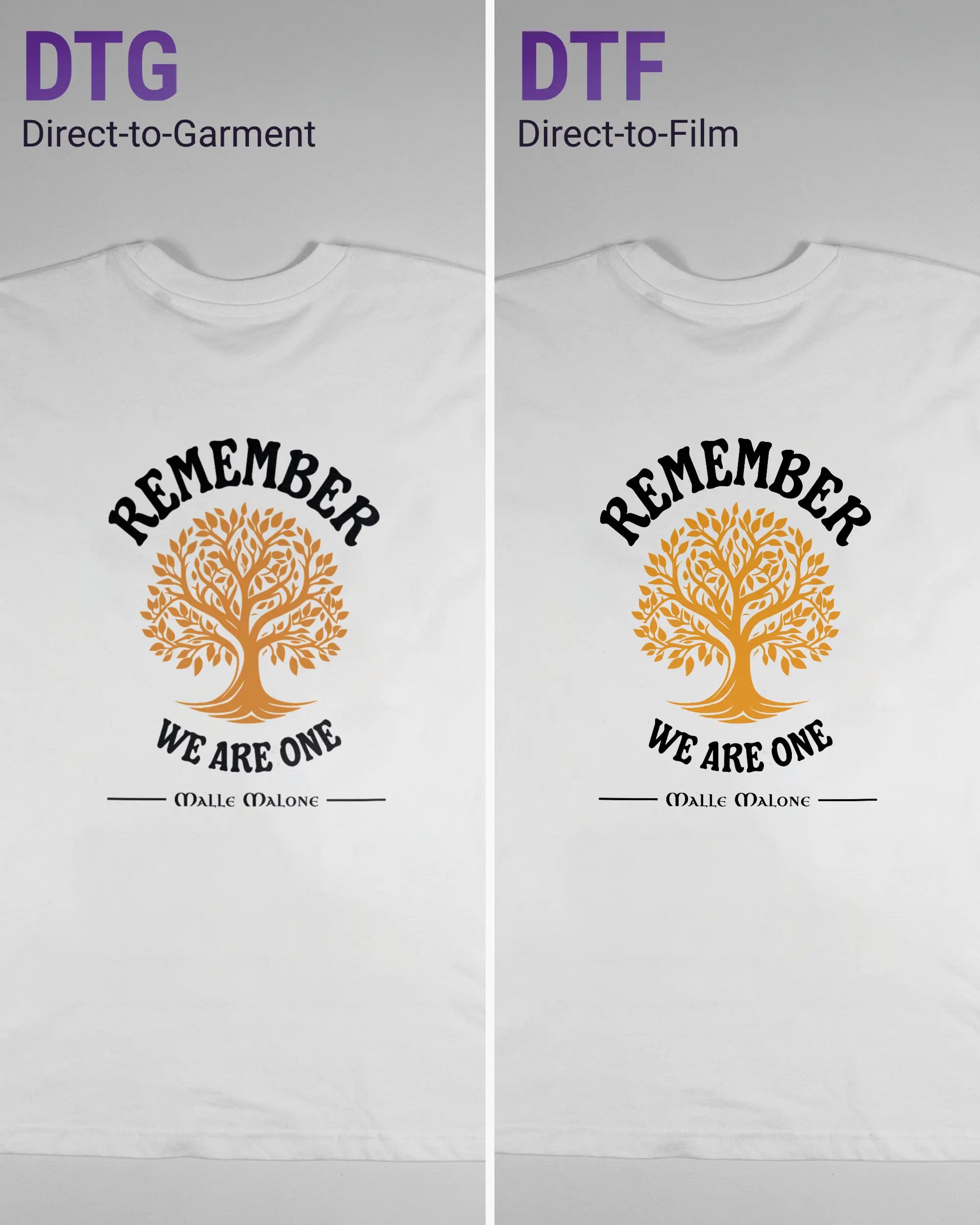 Vergleich der Rückseiten des Basic Unisex T-Shirt Oversized von Maondo mit dem Design We are one in der Farbe White und in der Größe L links mit dem Direct-to-Garment und rechts mit dem Direct-to-Film Verfahren