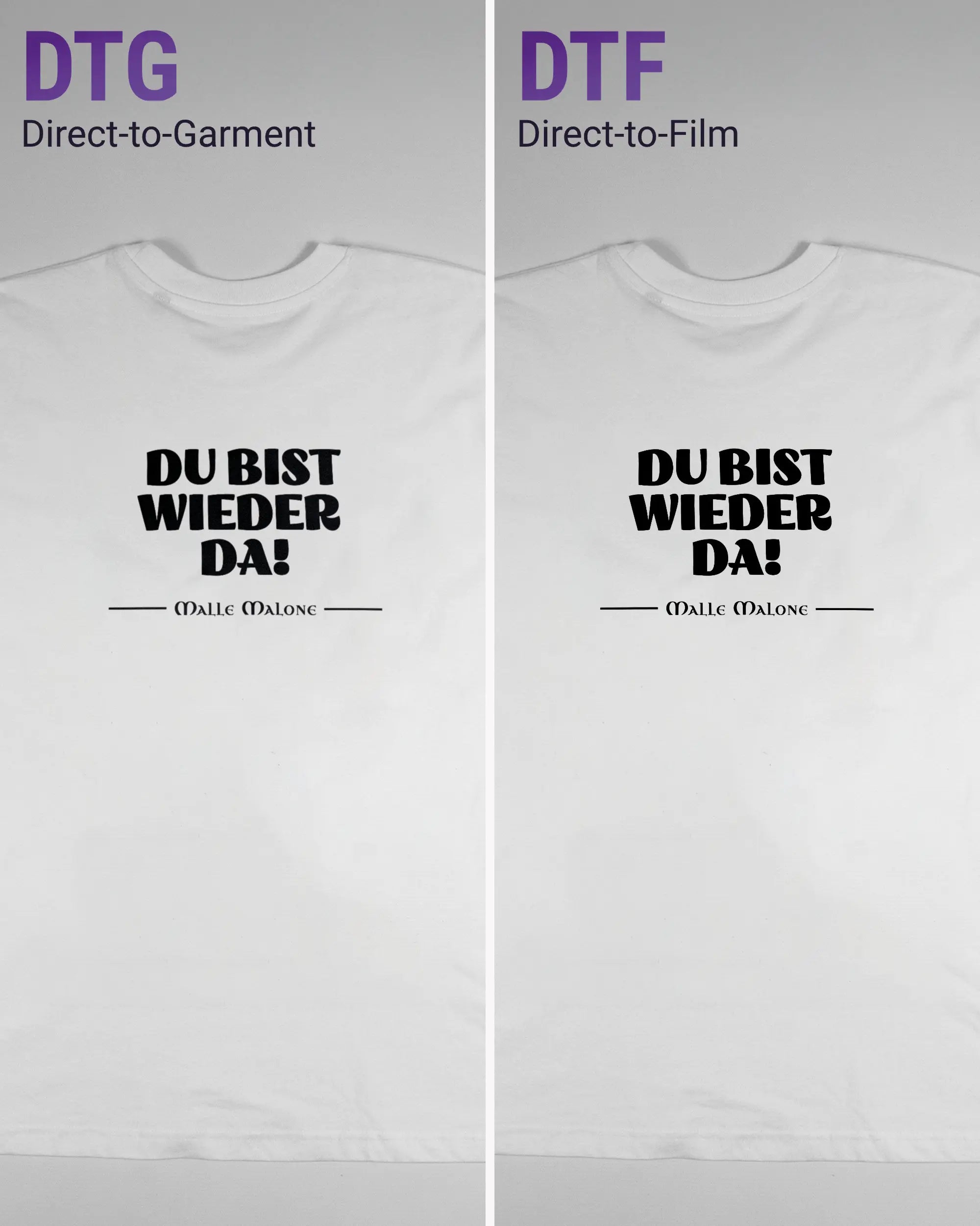 Vergleich der Rückseiten des Basic Unisex T-Shirt Oversized von Maondo mit dem Design Wieder da in der Farbe White und in der Größe L links mit dem Direct-to-Garment und rechts mit dem Direct-to-Film Verfahren