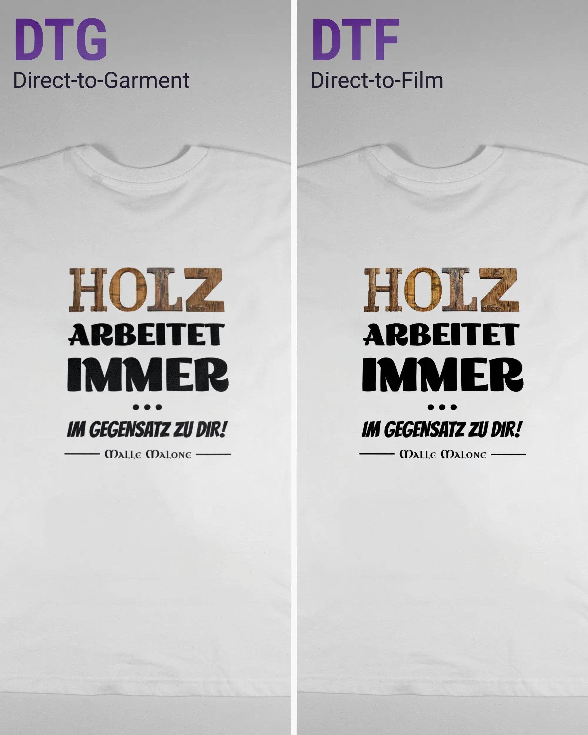 Vergleich der Rückseiten des Basic Unisex T-Shirt Oversized von Maondo mit dem Design Holzarbeit in der Farbe White und in der Größe L links mit dem Direct-to-Garment und rechts mit dem Direct-to-Film Verfahren