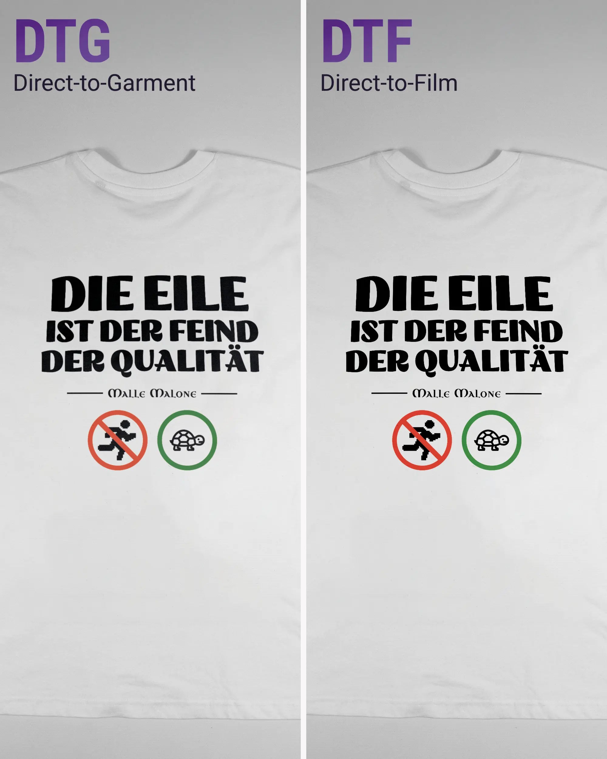 Vergleich der Rückseiten des Basic Unisex T-Shirt Oversized von Maondo mit dem Design Keine Eile in der Farbe White und in der Größe L links mit dem Direct-to-Garment und rechts mit dem Direct-to-Film Verfahren