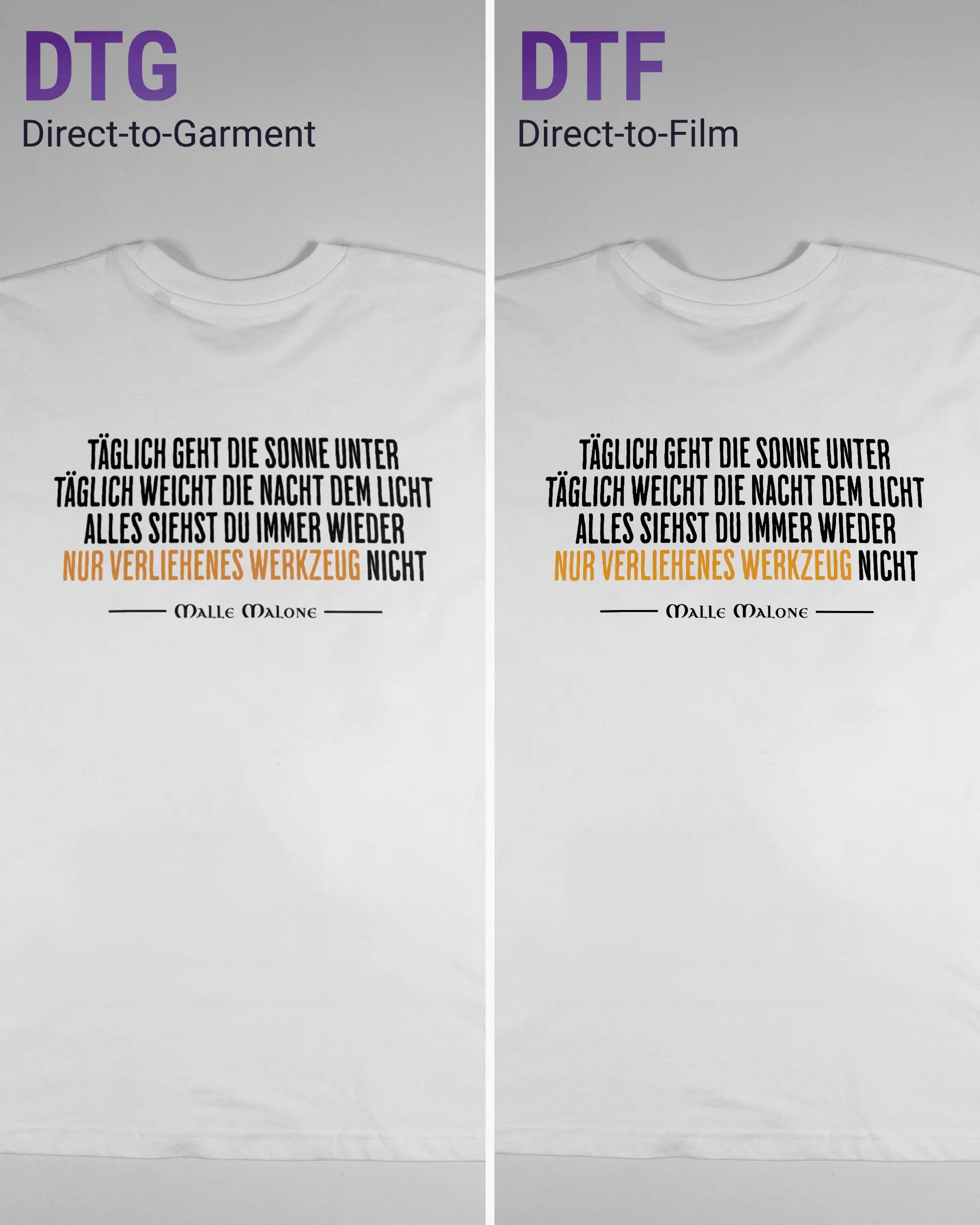 Vergleich der Rückseiten des Basic Unisex T-Shirt Oversized von Maondo mit dem Design Wegzeug in der Farbe White und in der Größe L links mit dem Direct-to-Garment und rechts mit dem Direct-to-Film Verfahren