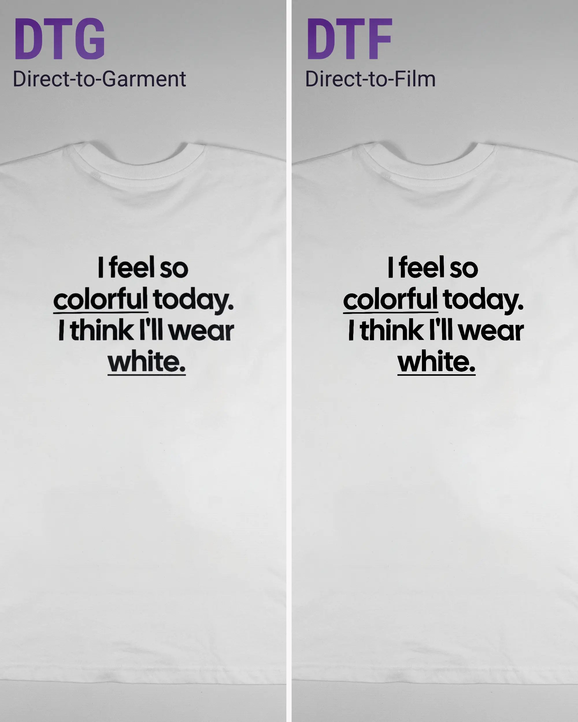 Vergleich der Rückseiten des Basic Unisex T-Shirt Oversized von Maondo mit dem Design Colorful Day in der Farbe White und in der Größe L links mit dem Direct-to-Garment und rechts mit dem Direct-to-Film Verfahren