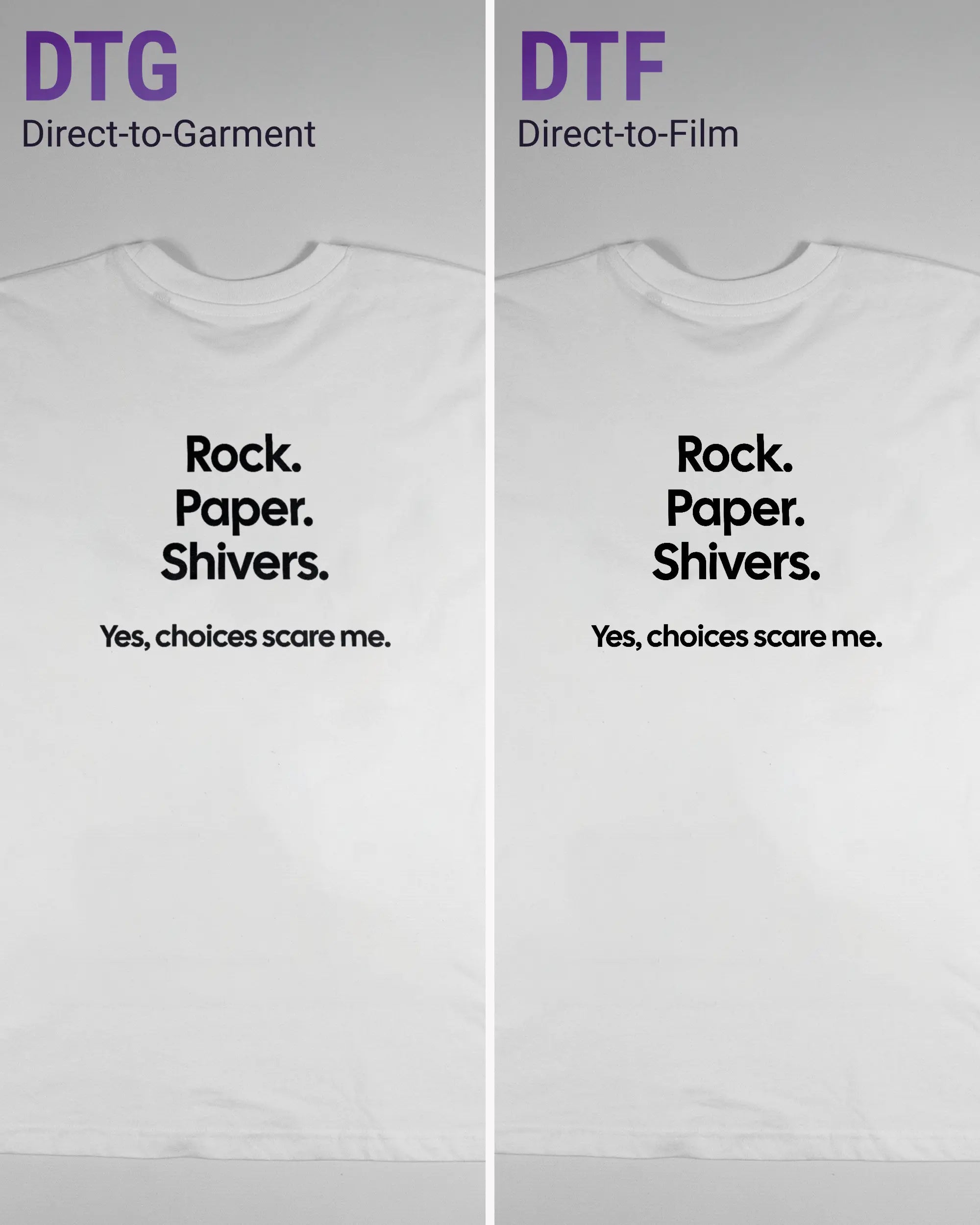 Vergleich der Rückseiten des Basic Unisex T-Shirt Oversized von Maondo mit dem Design Rock Paper Shivers in der Farbe White und in der Größe L links mit dem Direct-to-Garment und rechts mit dem Direct-to-Film Verfahren