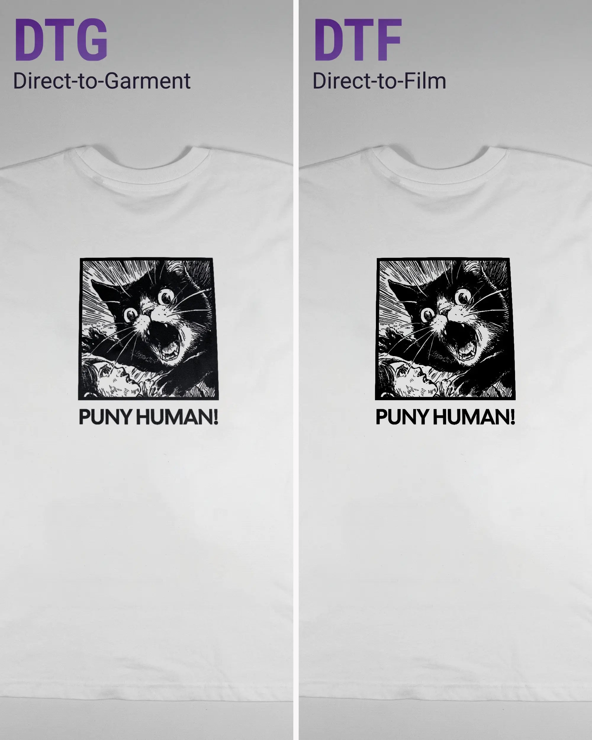 Vergleich der Rückseiten des Basic Unisex T-Shirt Oversized von Maondo mit dem Design Puny Human in der Farbe White und in der Größe L links mit dem Direct-to-Garment und rechts mit dem Direct-to-Film Verfahren