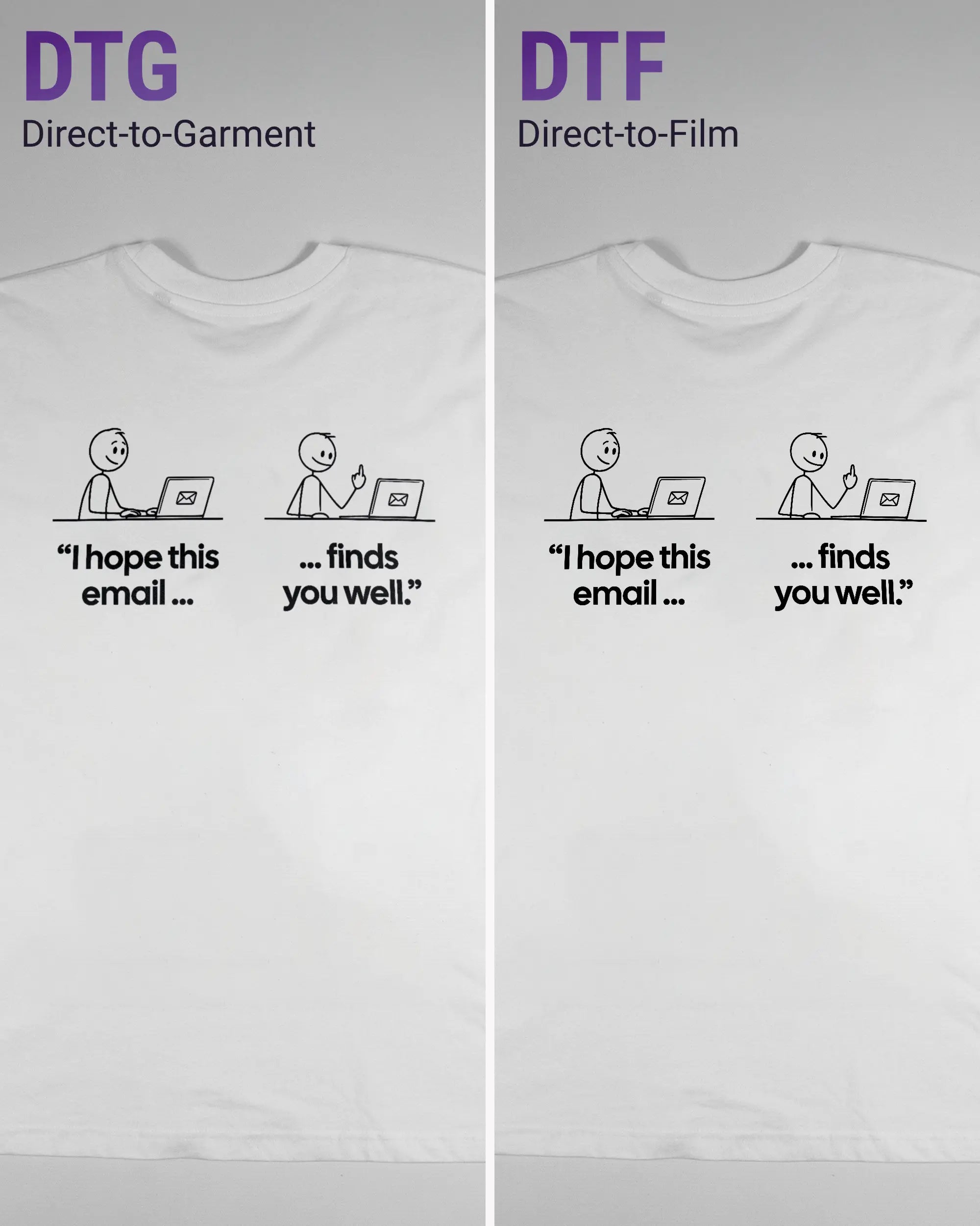 Vergleich der Rückseiten des Basic Unisex T-Shirt Oversized von Maondo mit dem Design Found me not well in der Farbe White und in der Größe L links mit dem Direct-to-Garment und rechts mit dem Direct-to-Film Verfahren