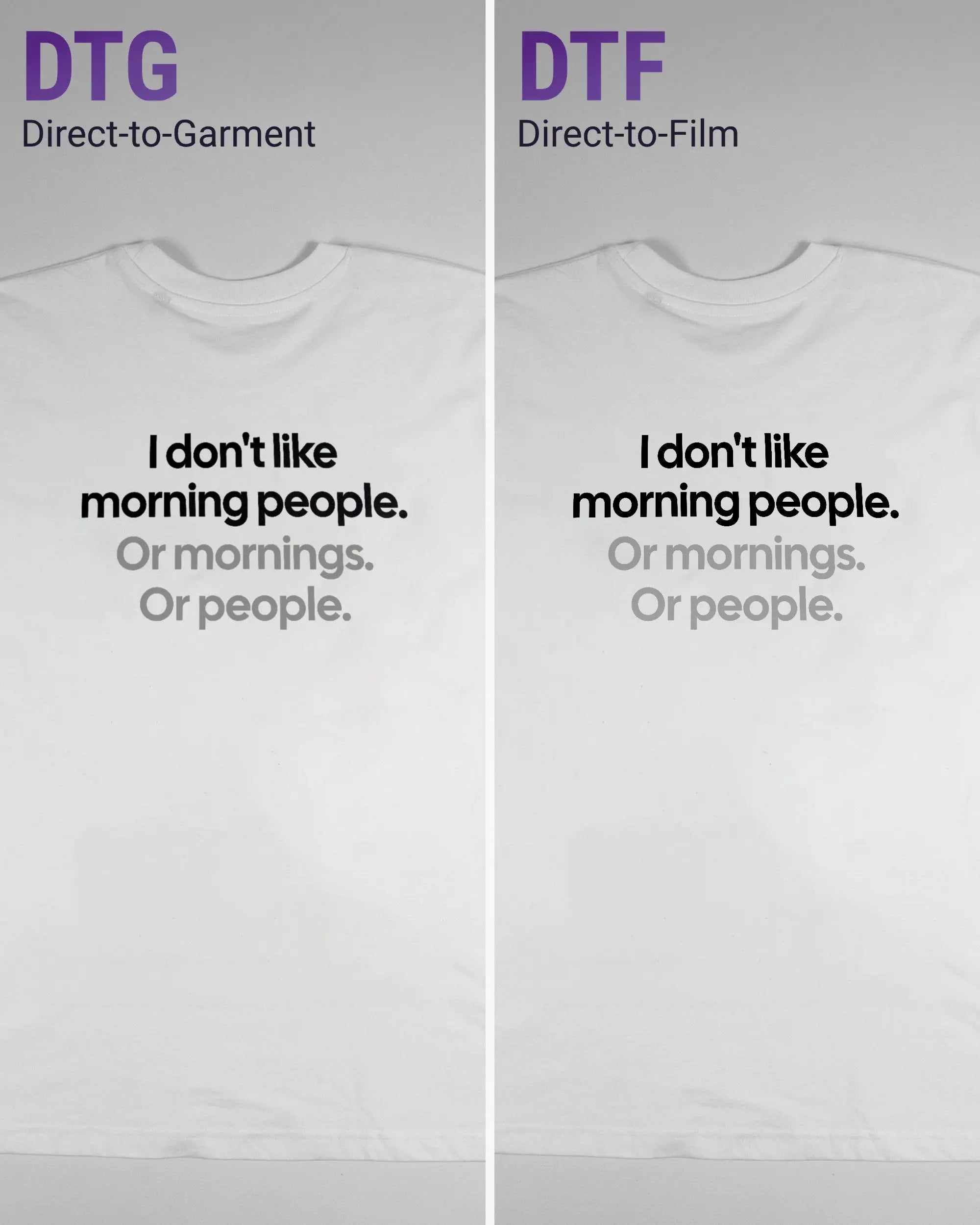 Vergleich der Rückseiten des Basic Unisex T-Shirt Oversized von Maondo mit dem Design Morning Person in der Farbe White und in der Größe L links mit dem Direct-to-Garment und rechts mit dem Direct-to-Film Verfahren