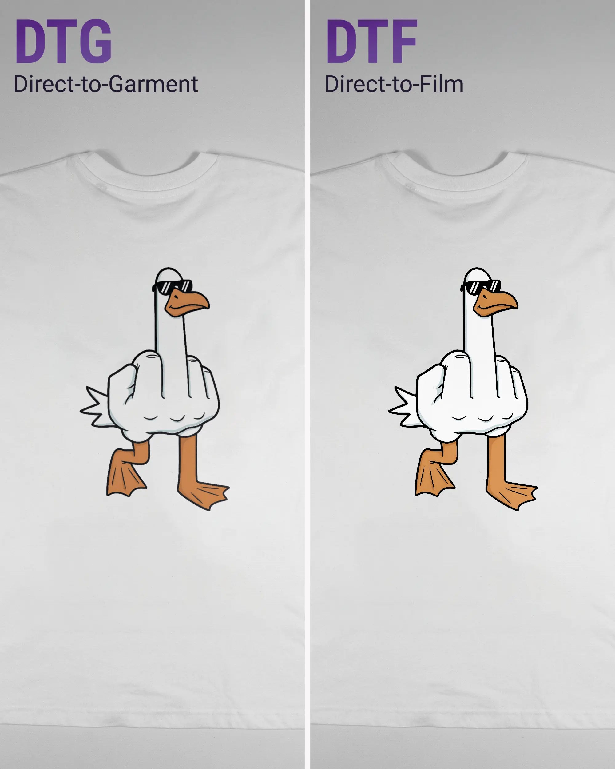 Vergleich der Rückseiten des Basic Unisex T-Shirt Oversized von Maondo mit dem Design I give a duck in der Farbe White und in der Größe L links mit dem Direct-to-Garment und rechts mit dem Direct-to-Film Verfahren