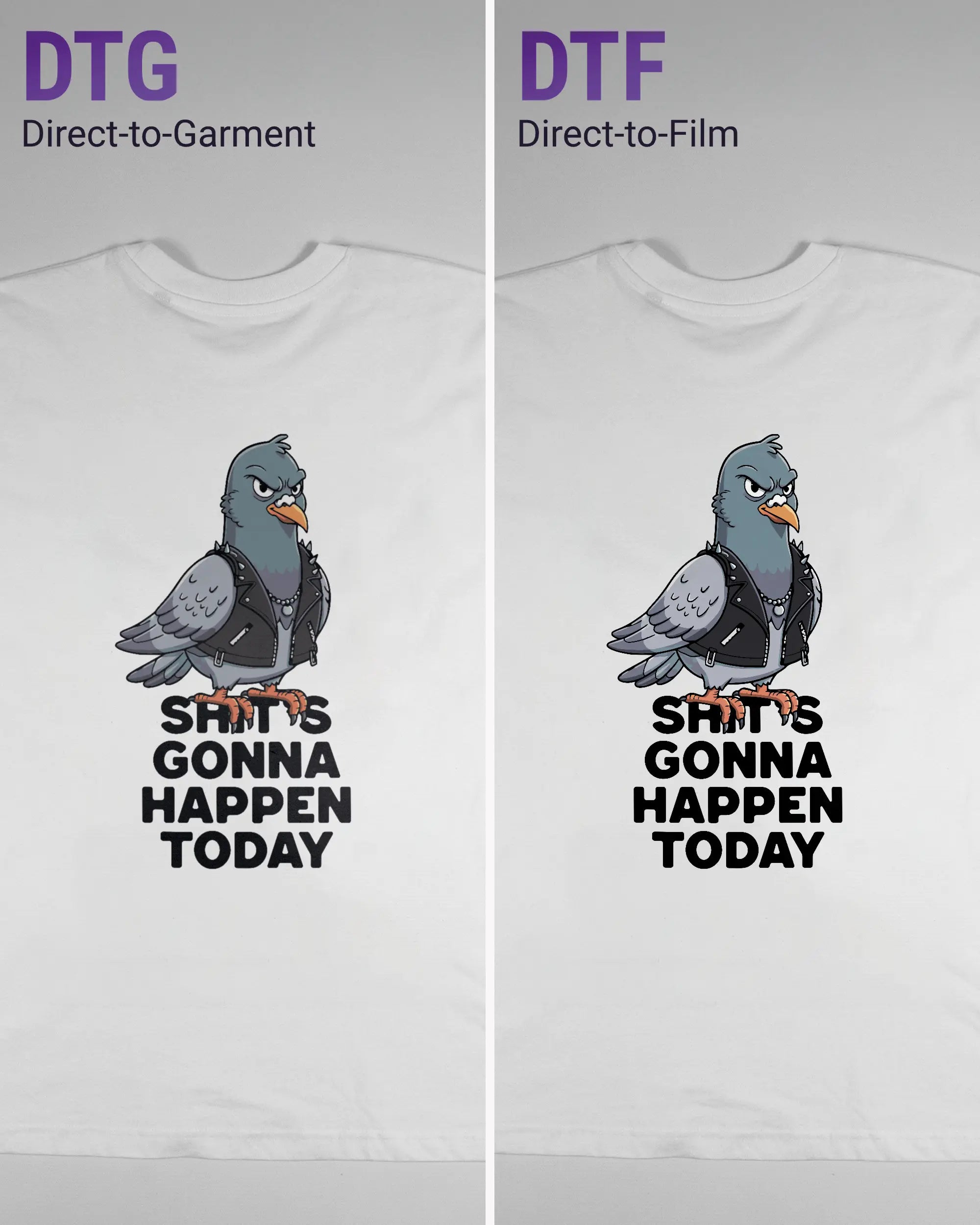 Vergleich der Rückseiten des Basic Unisex T-Shirt Oversized von Maondo mit dem Design Pigeon Pun in der Farbe White und in der Größe L links mit dem Direct-to-Garment und rechts mit dem Direct-to-Film Verfahren