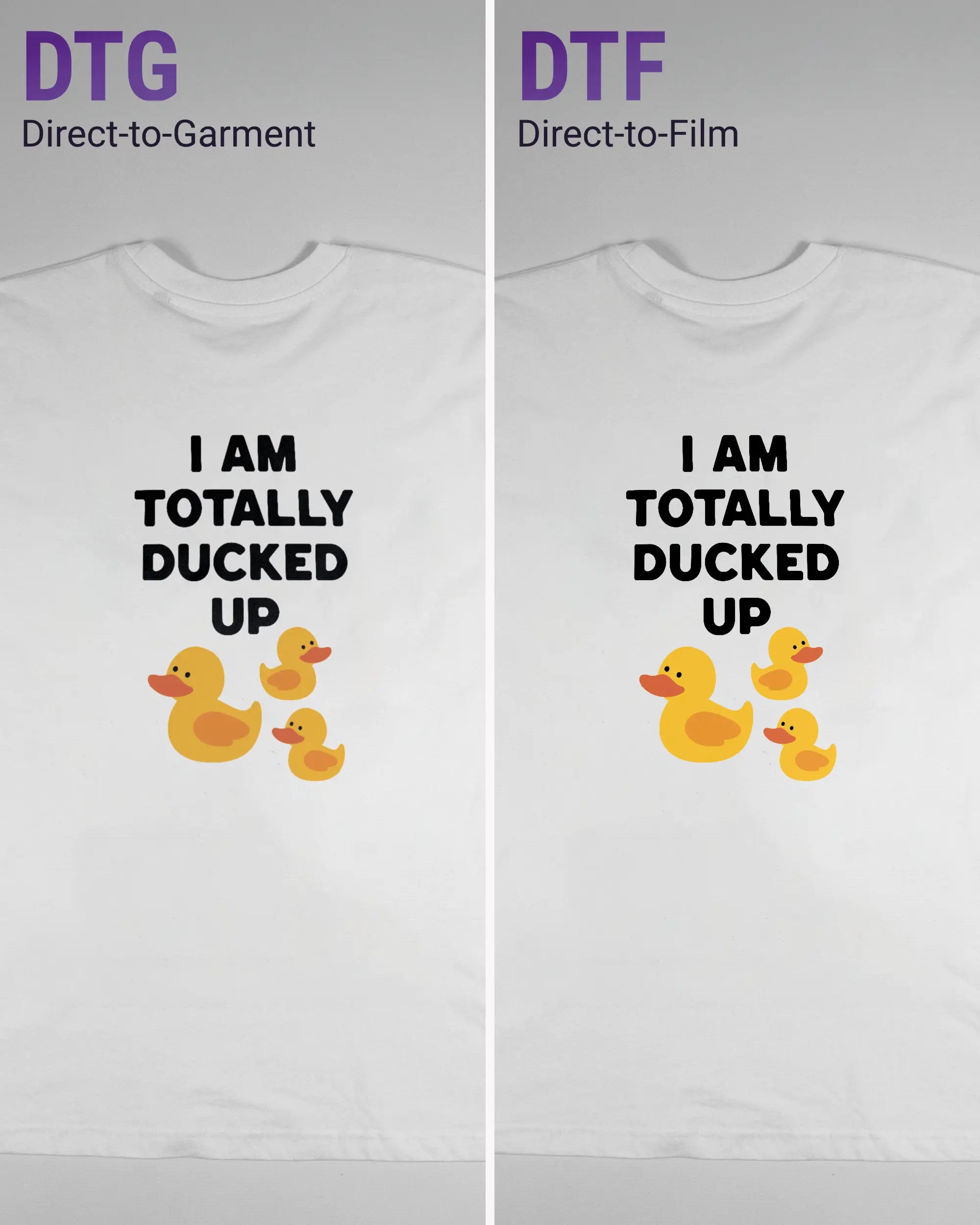 Vergleich der Rückseiten des Basic Unisex T-Shirt Oversized von Maondo mit dem Design Ducked Up in der Farbe White und in der Größe L links mit dem Direct-to-Garment und rechts mit dem Direct-to-Film Verfahren