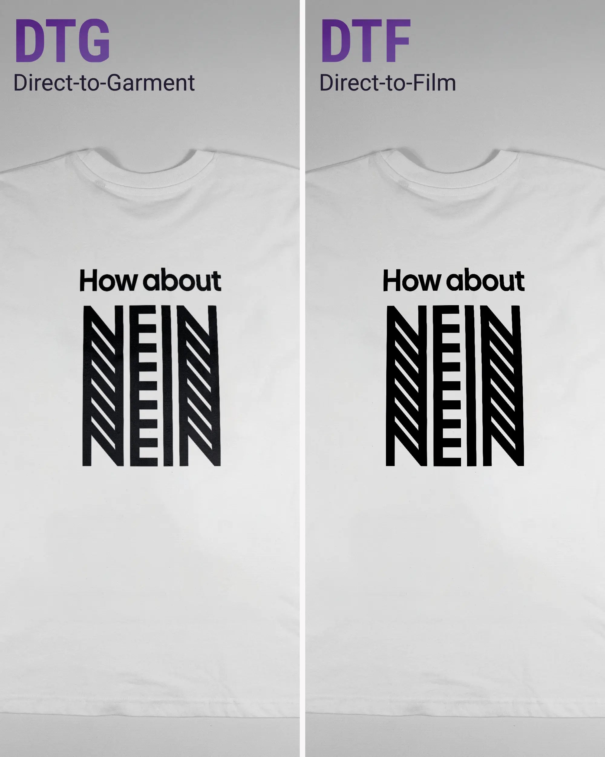 Vergleich der Rückseiten des Basic Unisex T-Shirt Oversized von Maondo mit dem Design How about nein in der Farbe White und in der Größe L links mit dem Direct-to-Garment und rechts mit dem Direct-to-Film Verfahren