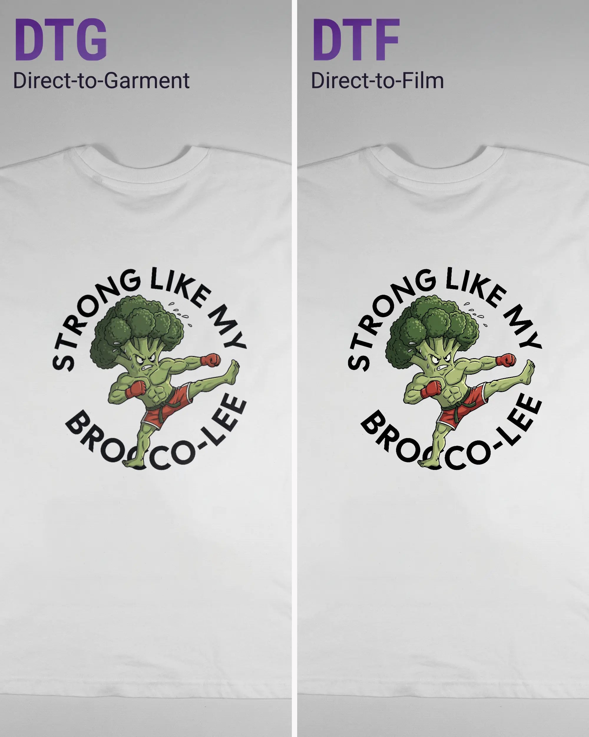 Vergleich der Rückseiten des Basic Unisex T-Shirt Oversized von Maondo mit dem Design Brocco-Lee in der Farbe White und in der Größe L links mit dem Direct-to-Garment und rechts mit dem Direct-to-Film Verfahren