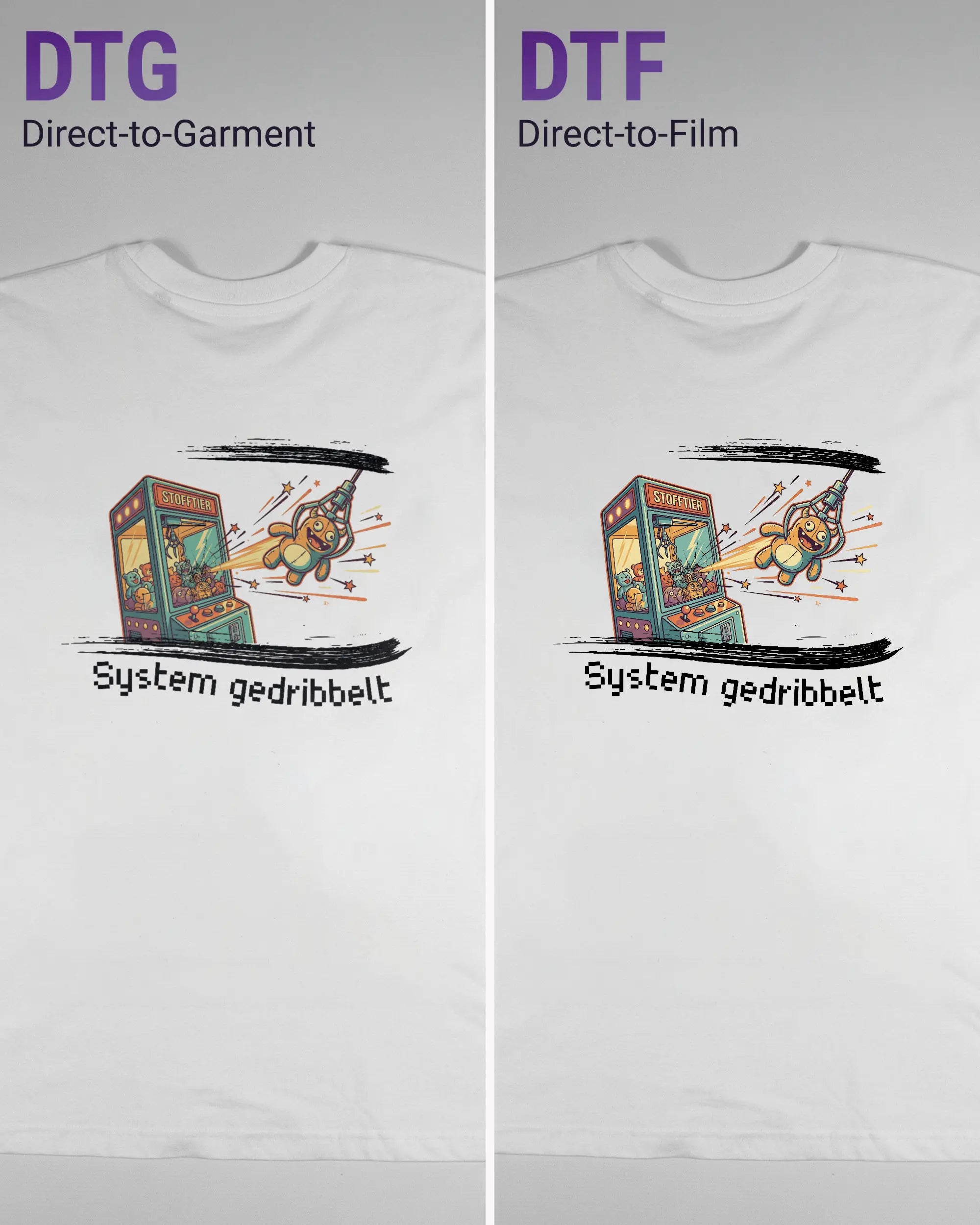 Vergleich der Rückseiten des Basic Unisex T-Shirt Oversized von Maondo mit dem Design System gedribbelt in der Farbe White und in der Größe L links mit dem Direct-to-Garment und rechts mit dem Direct-to-Film Verfahren