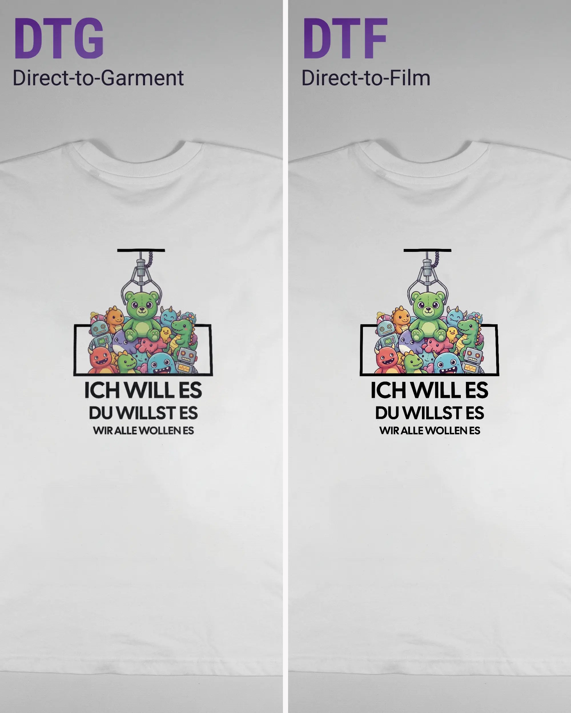 Vergleich der Rückseiten des Basic Unisex T-Shirt Oversized von Maondo mit dem Design Will Stofftier in der Farbe White und in der Größe L links mit dem Direct-to-Garment und rechts mit dem Direct-to-Film Verfahren