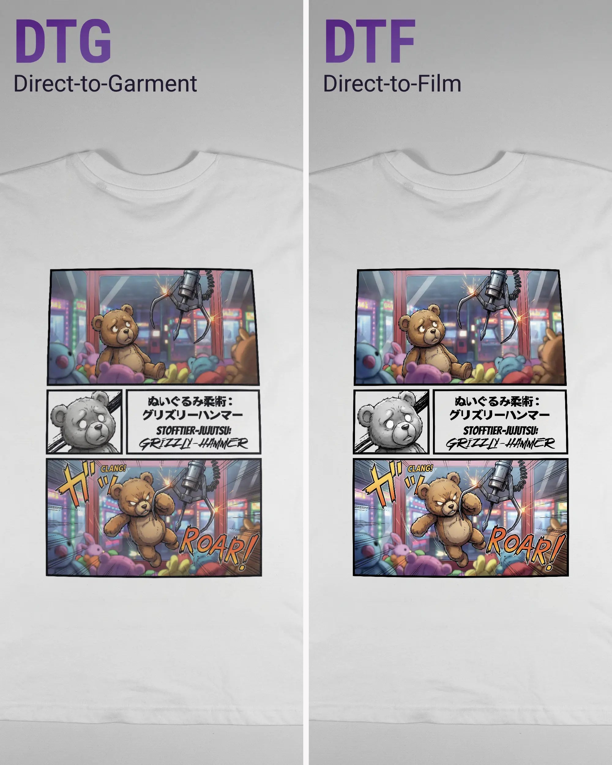 Vergleich der Rückseiten des Basic Unisex T-Shirt Oversized von Maondo mit dem Design Manga Stoff in der Farbe White und in der Größe L links mit dem Direct-to-Garment und rechts mit dem Direct-to-Film Verfahren