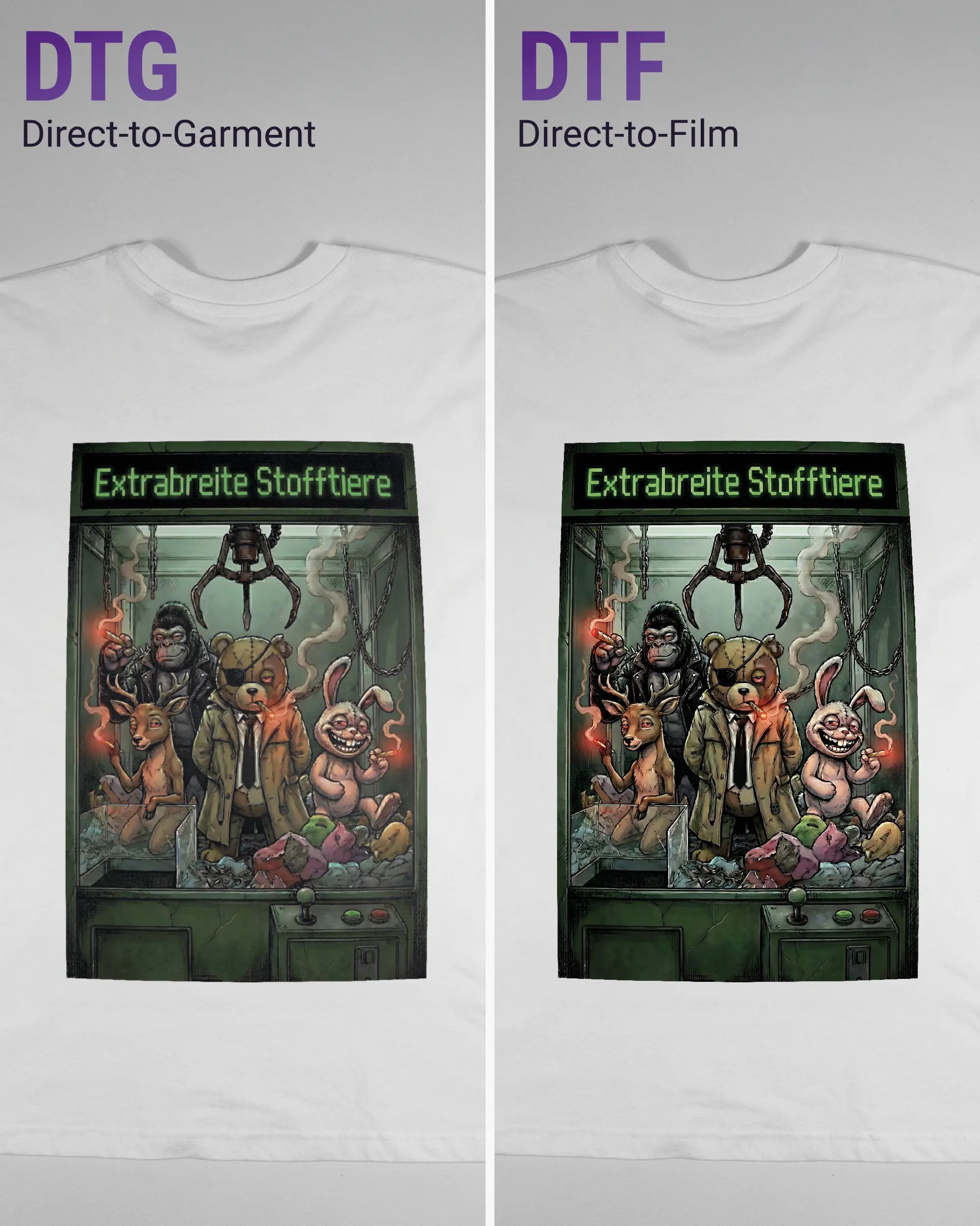 Vergleich der Rückseiten des Basic Unisex T-Shirt Oversized von Maondo mit dem Design Extrabreit in der Farbe White und in der Größe L links mit dem Direct-to-Garment und rechts mit dem Direct-to-Film Verfahren