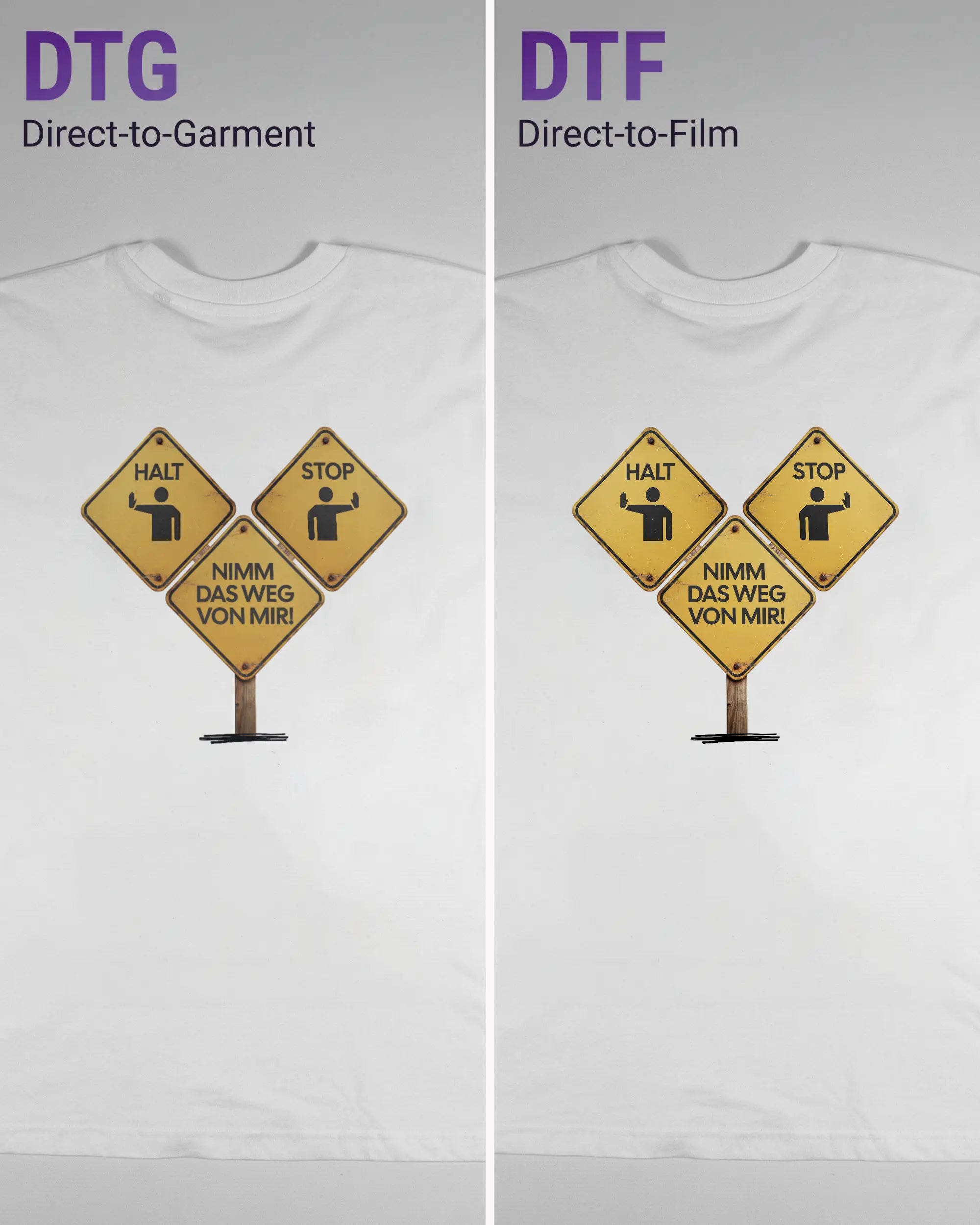 Vergleich der Rückseiten des Basic Unisex T-Shirt Oversized von Maondo mit dem Design Schutzschild in der Farbe White und in der Größe L links mit dem Direct-to-Garment und rechts mit dem Direct-to-Film Verfahren