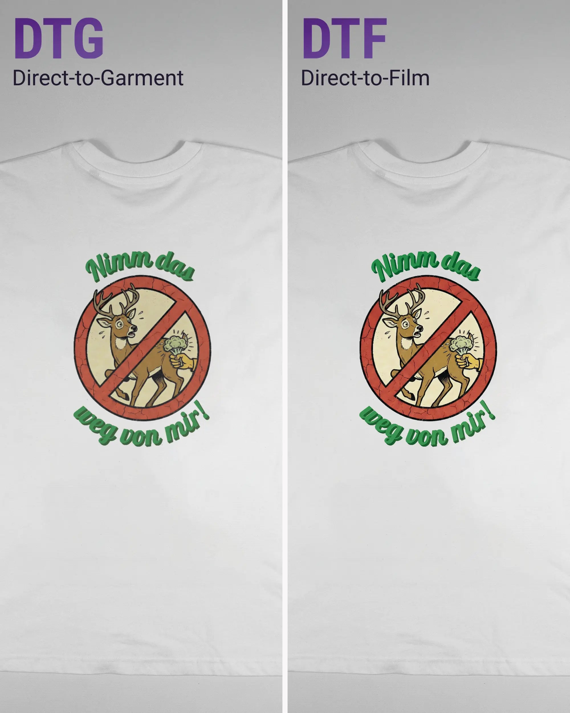 Vergleich der Rückseiten des Basic Unisex T-Shirt Oversized von Maondo mit dem Design Reh weg in der Farbe White und in der Größe L links mit dem Direct-to-Garment und rechts mit dem Direct-to-Film Verfahren