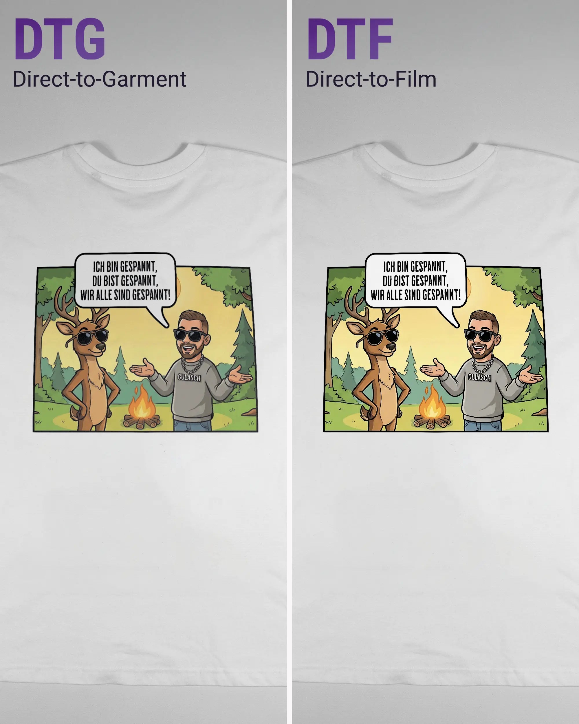 Vergleich der Rückseiten des Basic Unisex T-Shirt Oversized von Maondo mit dem Design Vollspannung in der Farbe White und in der Größe L links mit dem Direct-to-Garment und rechts mit dem Direct-to-Film Verfahren