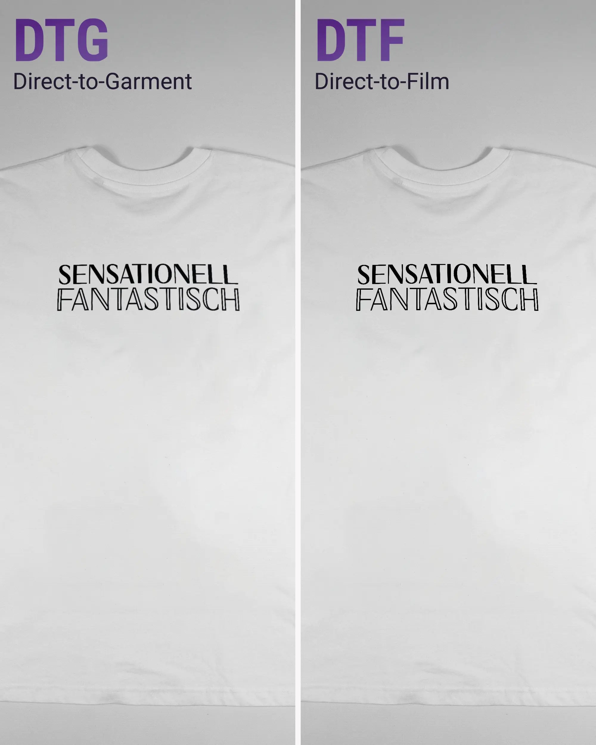 Vergleich der Rückseiten des Basic Unisex T-Shirt Oversized von Maondo mit dem Design Sensationell in der Farbe White und in der Größe L links mit dem Direct-to-Garment und rechts mit dem Direct-to-Film Verfahren