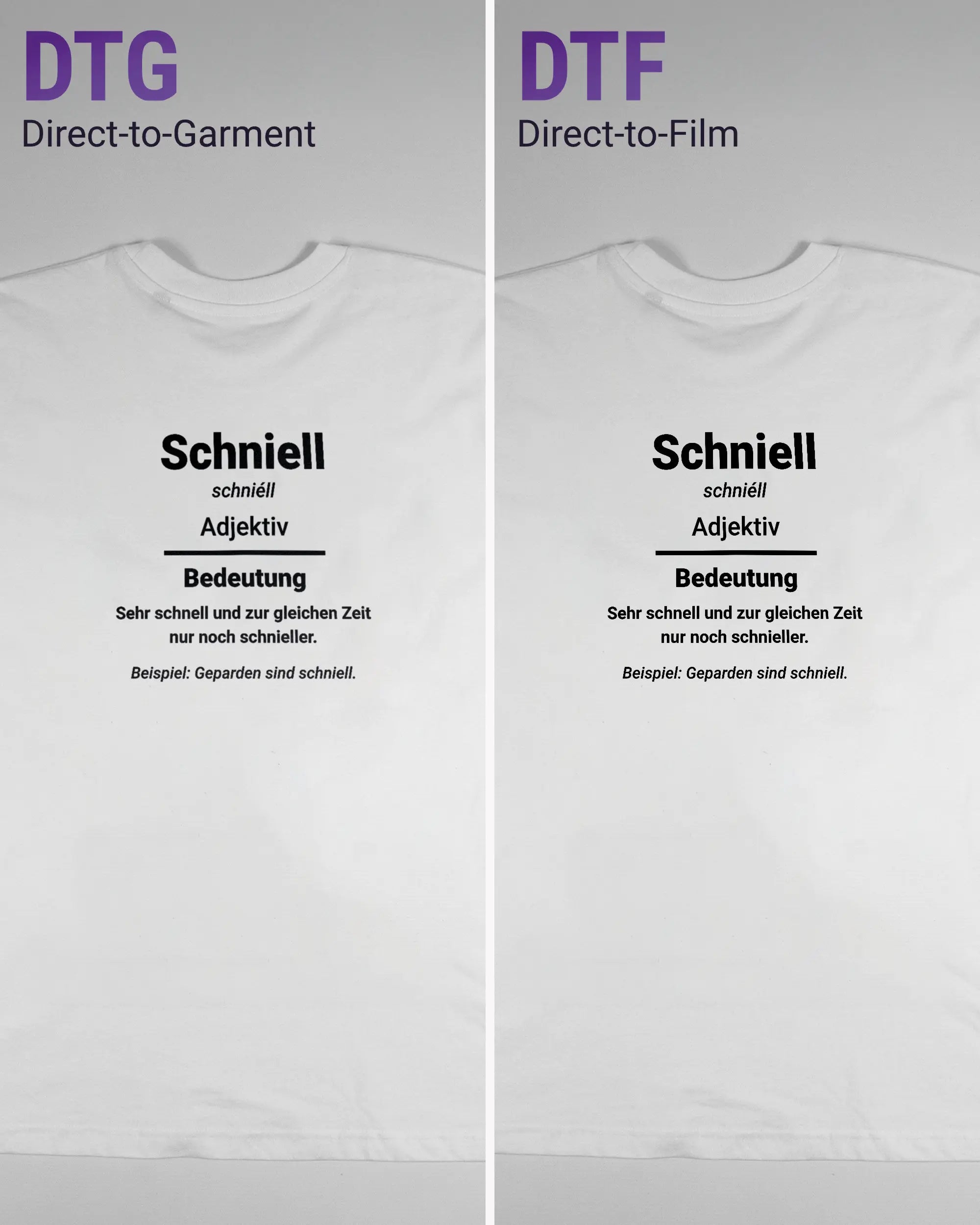 Vergleich der Rückseiten des Basic Unisex T-Shirt Oversized von Maondo mit dem Design Schniell in der Farbe White und in der Größe L links mit dem Direct-to-Garment und rechts mit dem Direct-to-Film Verfahren
