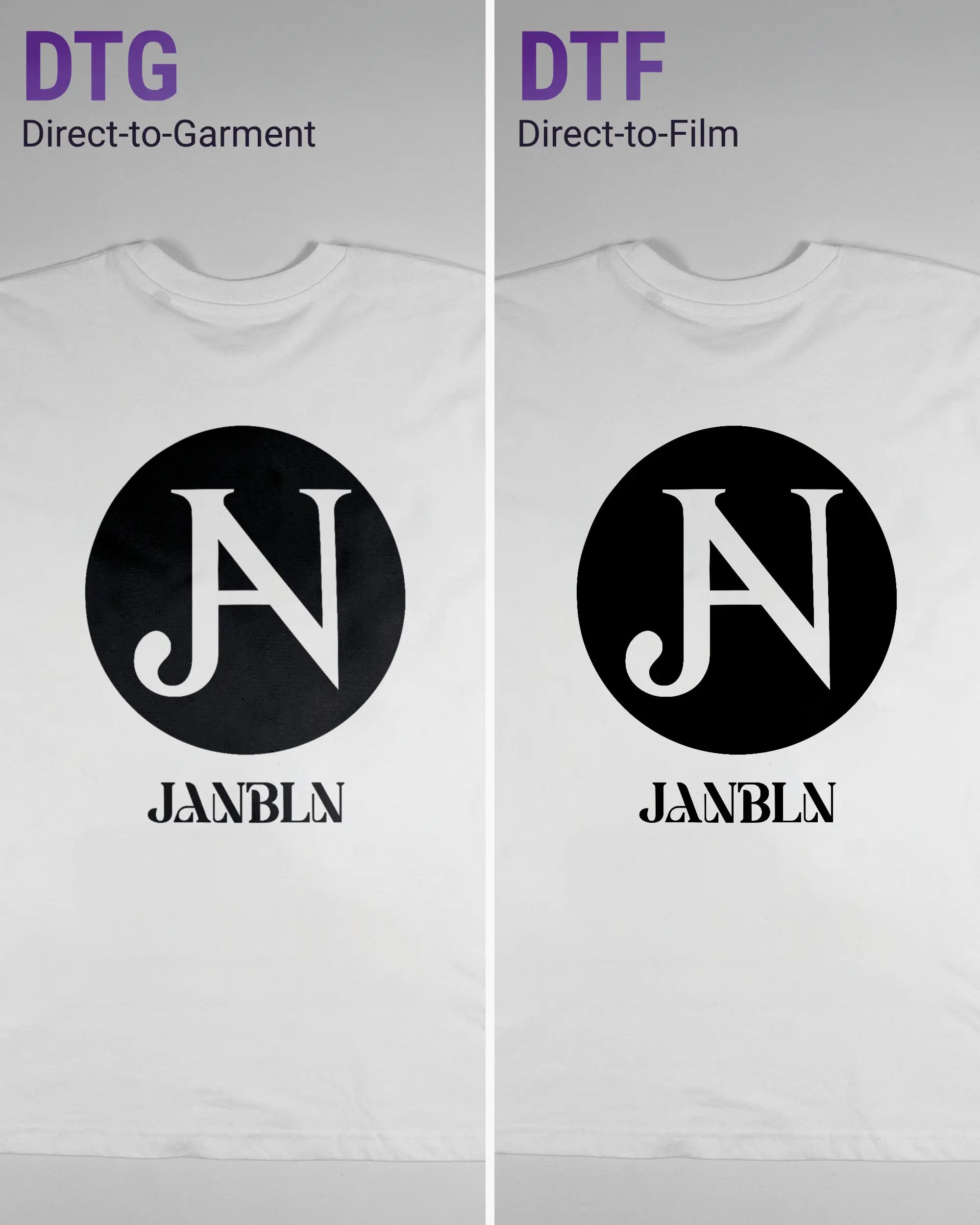 Vergleich der Rückseiten des Basic Unisex T-Shirt Oversized von Maondo mit dem Design JB1 in der Farbe White und in der Größe L links mit dem Direct-to-Garment und rechts mit dem Direct-to-Film Verfahren