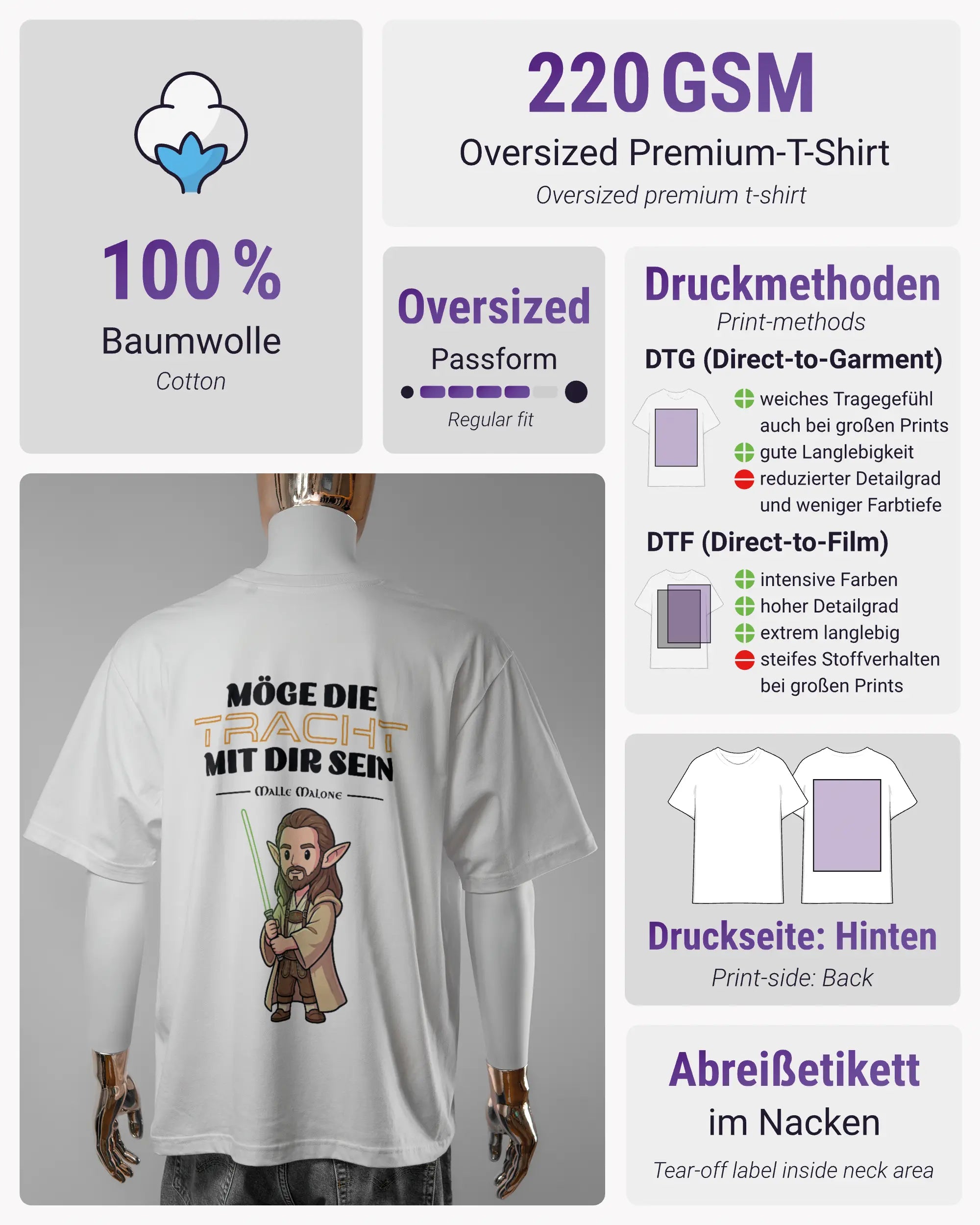 Produktinformationsblatt des Basic Unisex T-Shirt Oversized von Maondo mit dem Design Tracht mit dir hinten in der Farbe White und in der Größe L