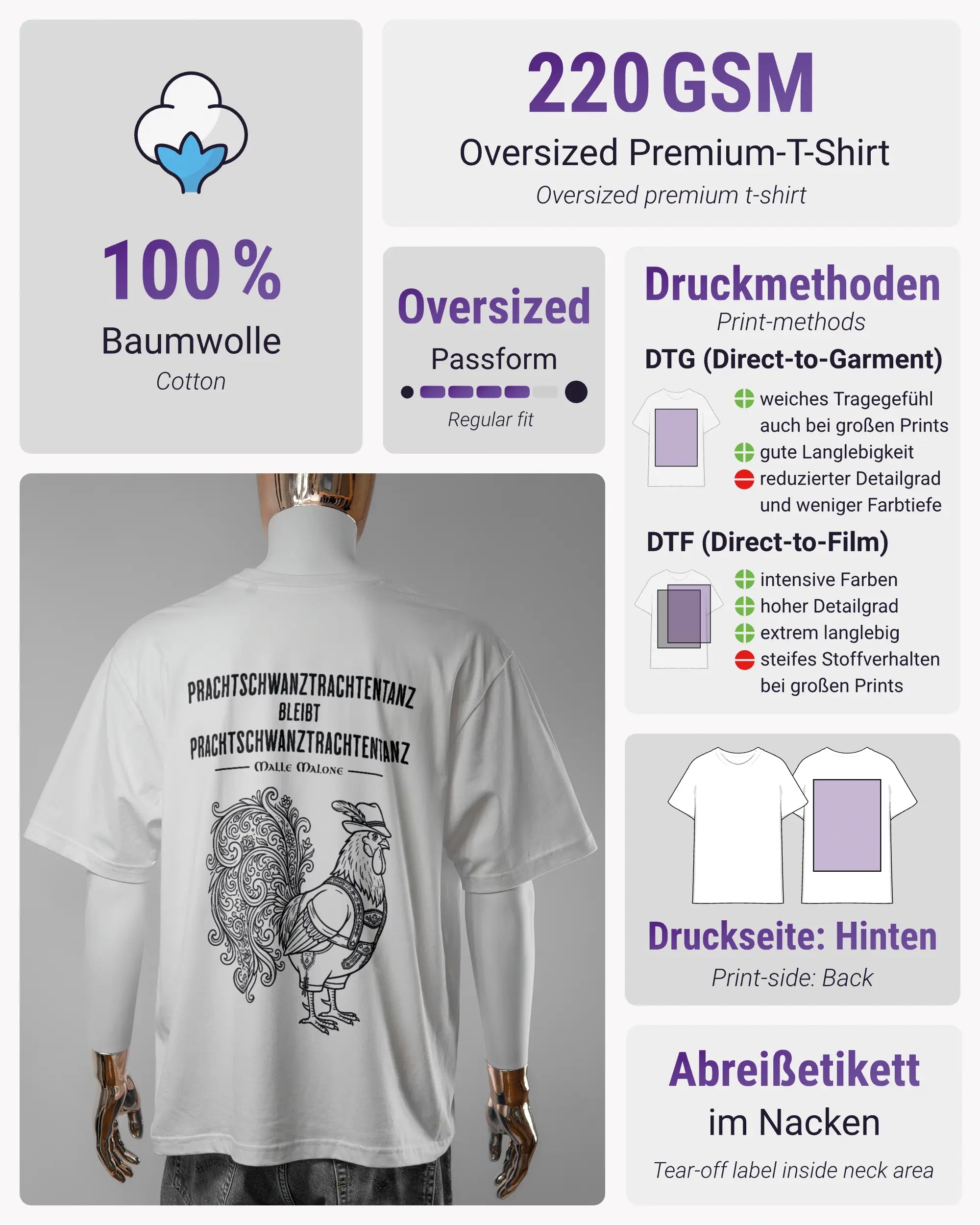 Produktinformationsblatt des Basic Unisex T-Shirt Oversized von Maondo mit dem Design Trachtentanz hinten in der Farbe White und in der Größe L