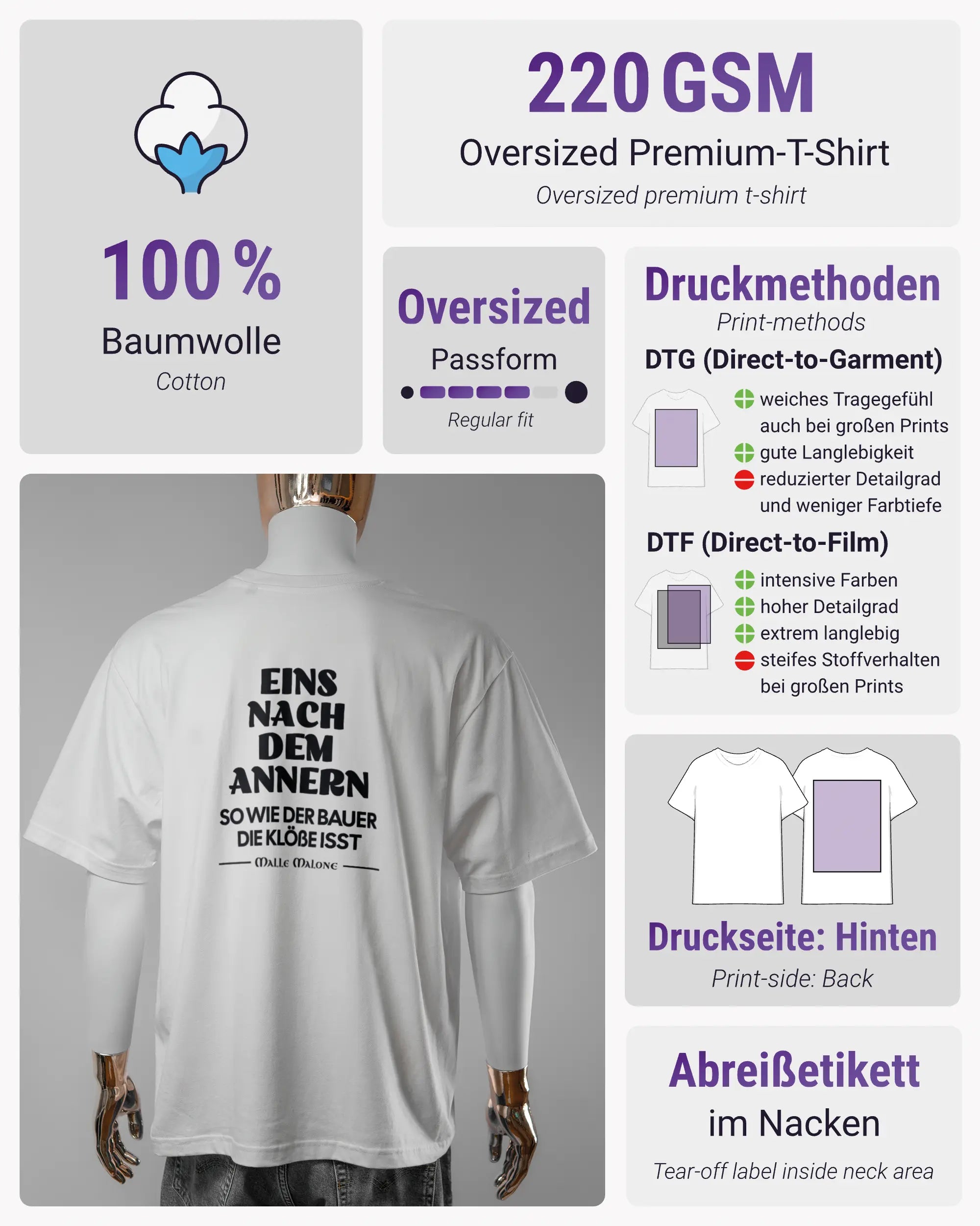 Produktinformationsblatt des Basic Unisex T-Shirt Oversized von Maondo mit dem Design Eins nach dem Annern hinten in der Farbe White und in der Größe L