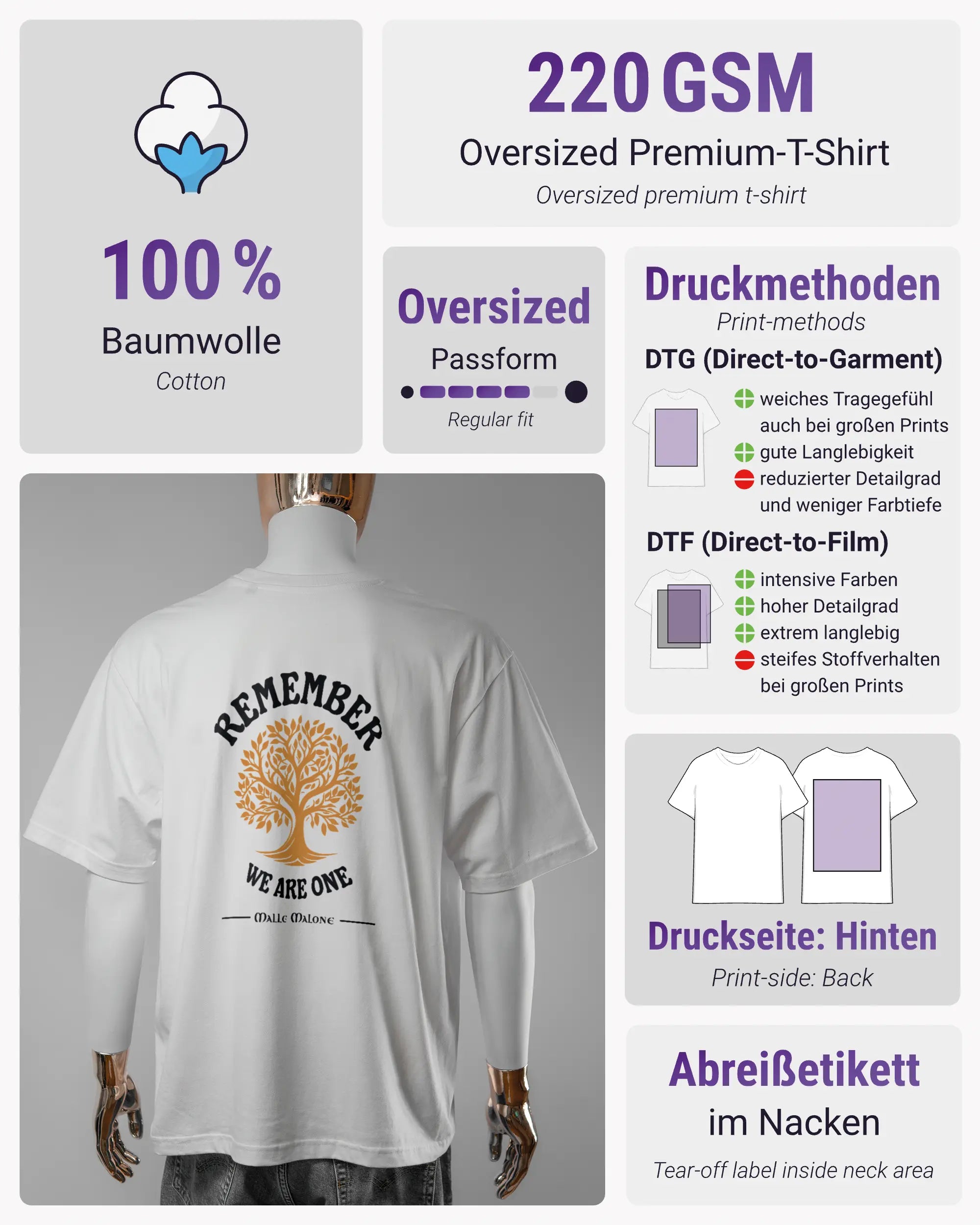 Produktinformationsblatt des Basic Unisex T-Shirt Oversized von Maondo mit dem Design We are one hinten in der Farbe White und in der Größe L