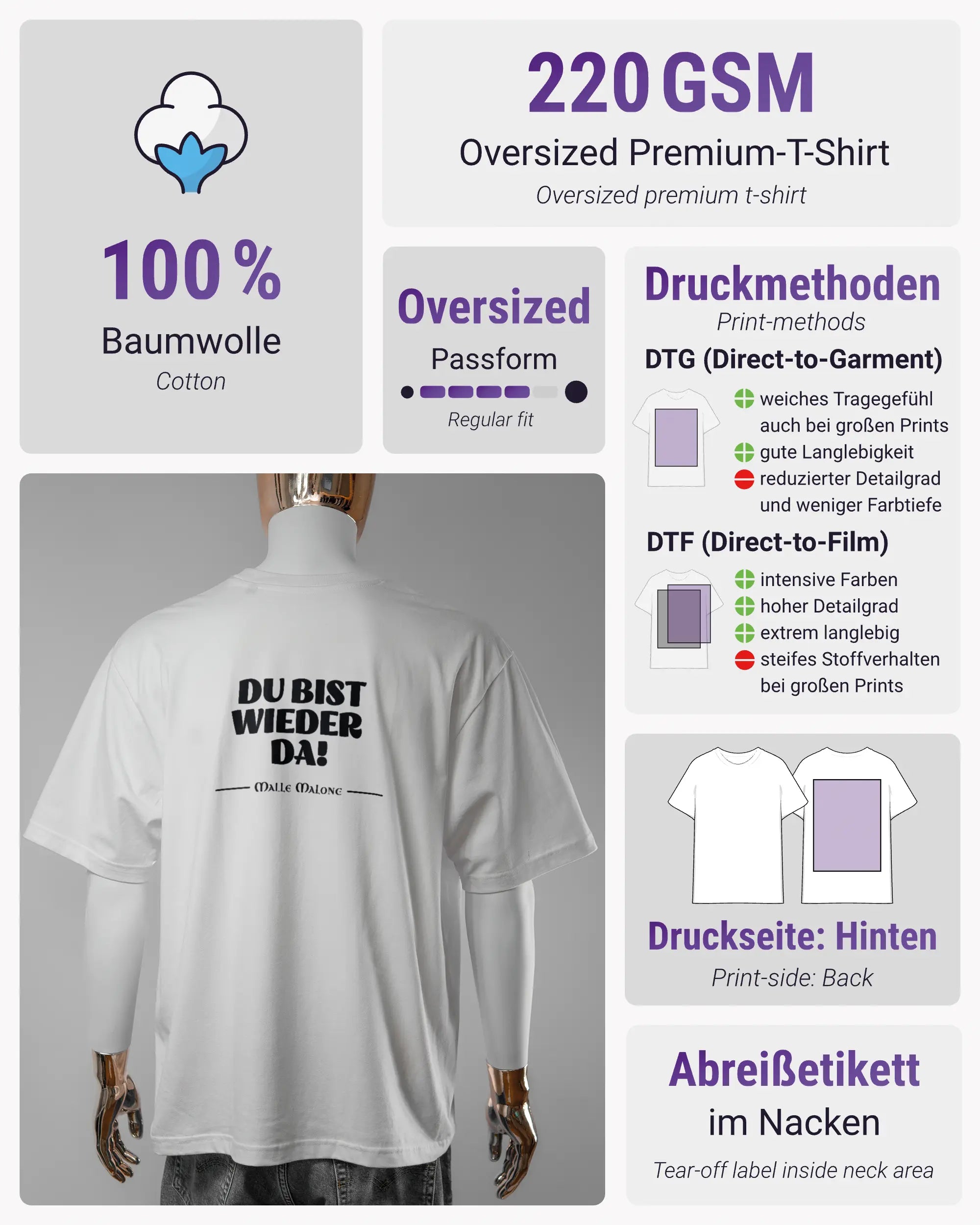 Produktinformationsblatt des Basic Unisex T-Shirt Oversized von Maondo mit dem Design Wieder da hinten in der Farbe White und in der Größe L