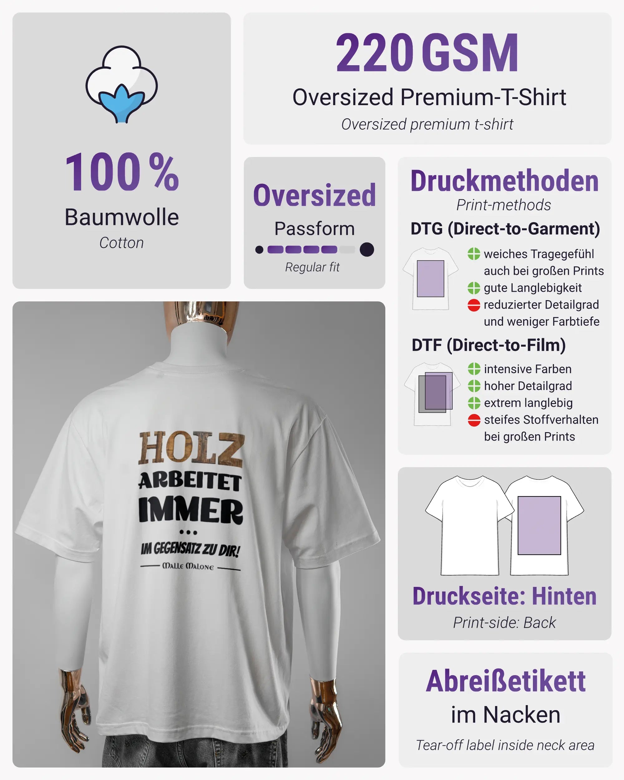 Produktinformationsblatt des Basic Unisex T-Shirt Oversized von Maondo mit dem Design Holzarbeit hinten in der Farbe White und in der Größe L
