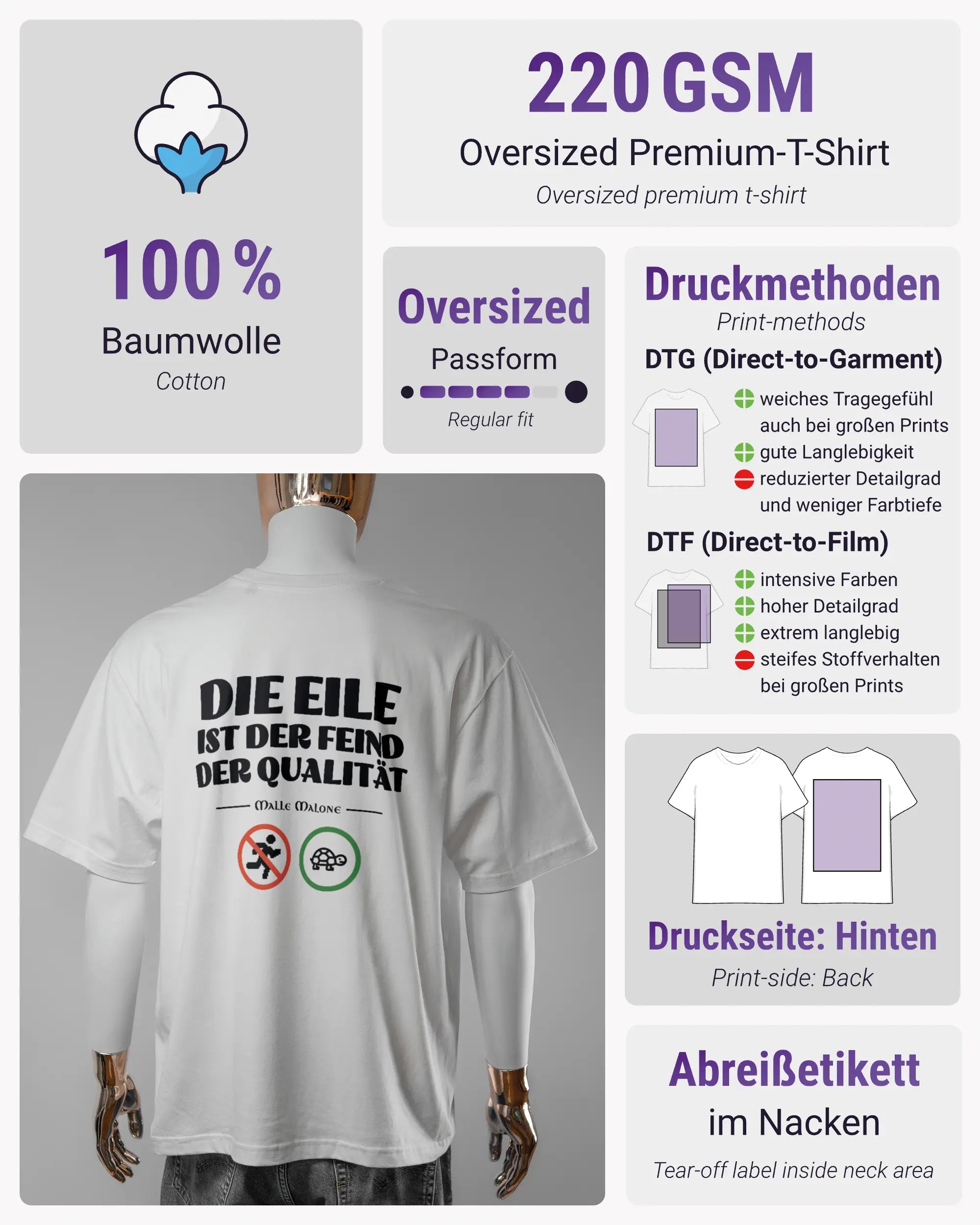 Produktinformationsblatt des Basic Unisex T-Shirt Oversized von Maondo mit dem Design Keine Eile hinten in der Farbe White und in der Größe L