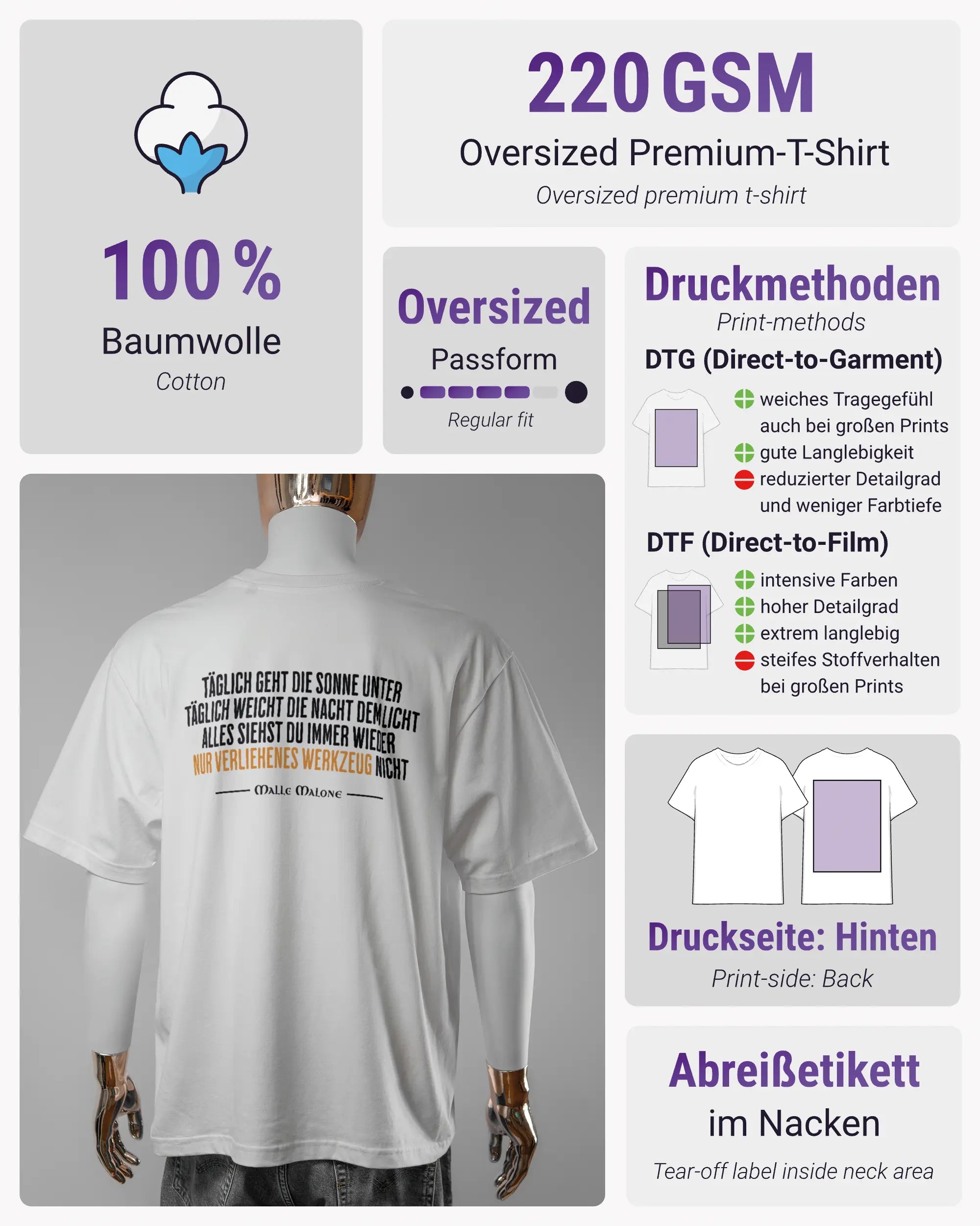 Produktinformationsblatt des Basic Unisex T-Shirt Oversized von Maondo mit dem Design Wegzeug hinten in der Farbe White und in der Größe L