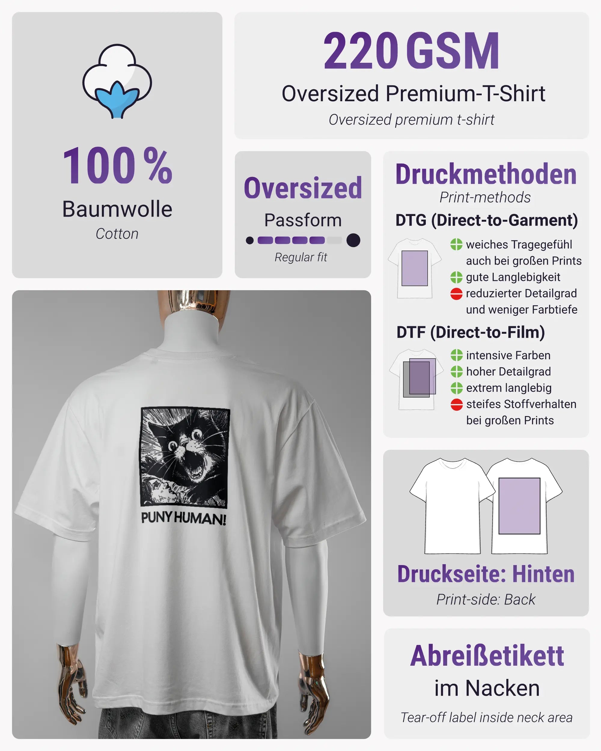 Produktinformationsblatt des Basic Unisex T-Shirt Oversized von Maondo mit dem Design Puny Human hinten in der Farbe White und in der Größe L