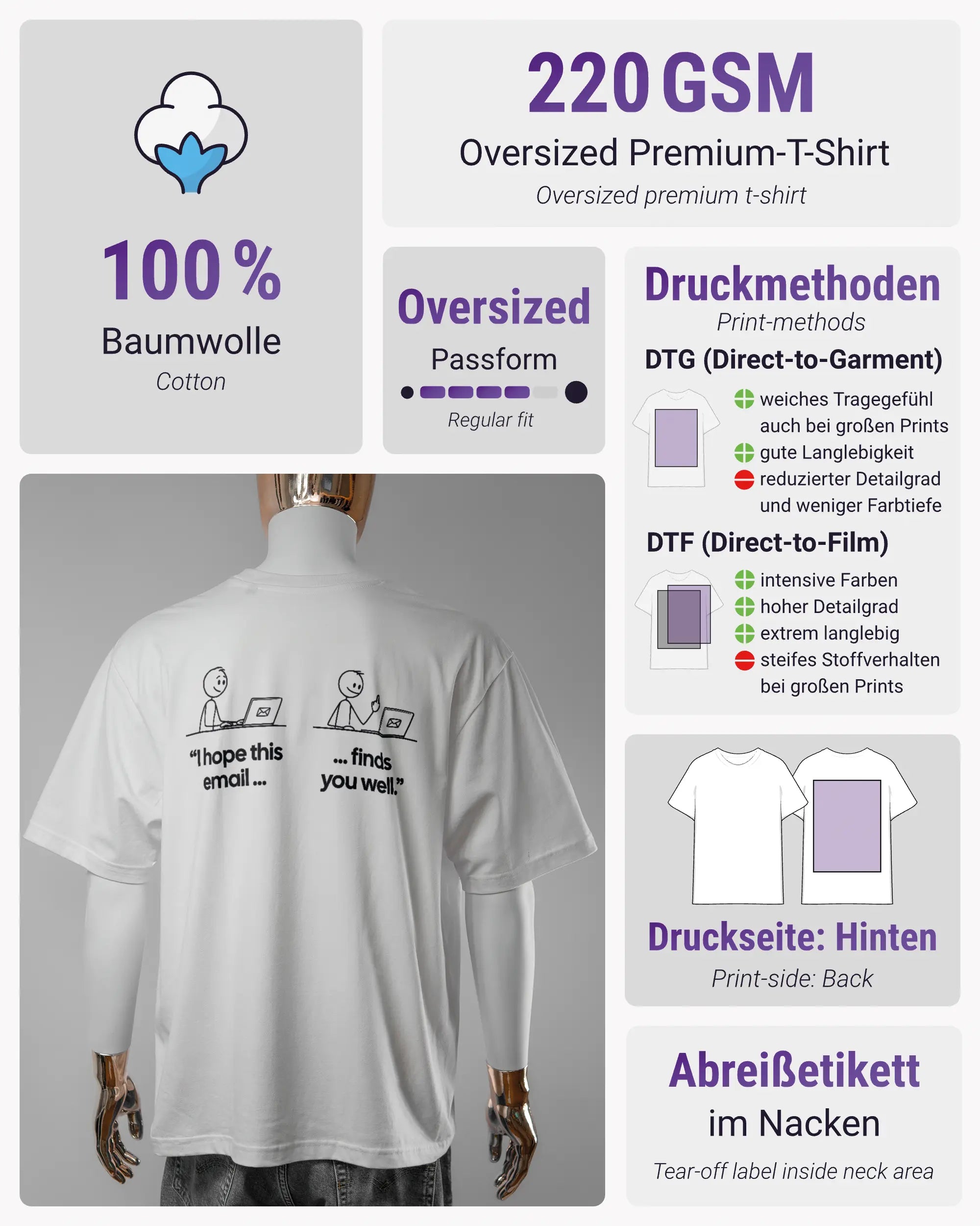 Produktinformationsblatt des Basic Unisex T-Shirt Oversized von Maondo mit dem Design Found me not well hinten in der Farbe White und in der Größe L