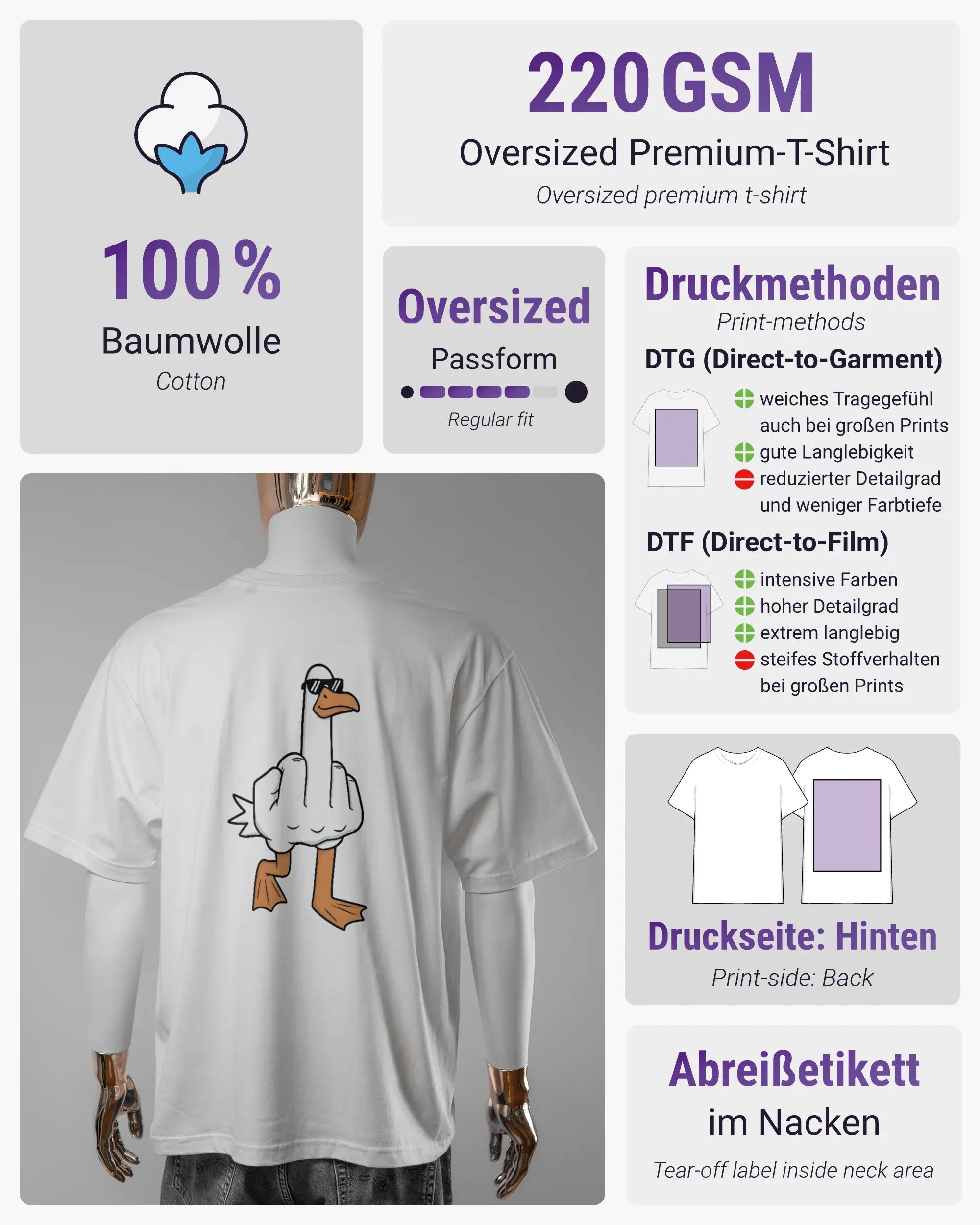 Produktinformationsblatt des Basic Unisex T-Shirt Oversized von Maondo mit dem Design I give a duck hinten in der Farbe White und in der Größe L