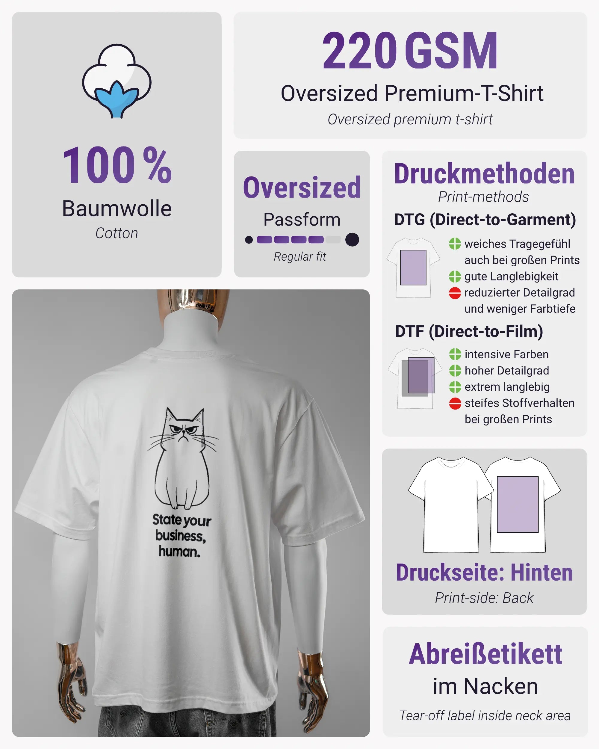 Produktinformationsblatt des Basic Unisex T-Shirt Oversized von Maondo mit dem Design Grumpy Purr hinten in der Farbe White und in der Größe L