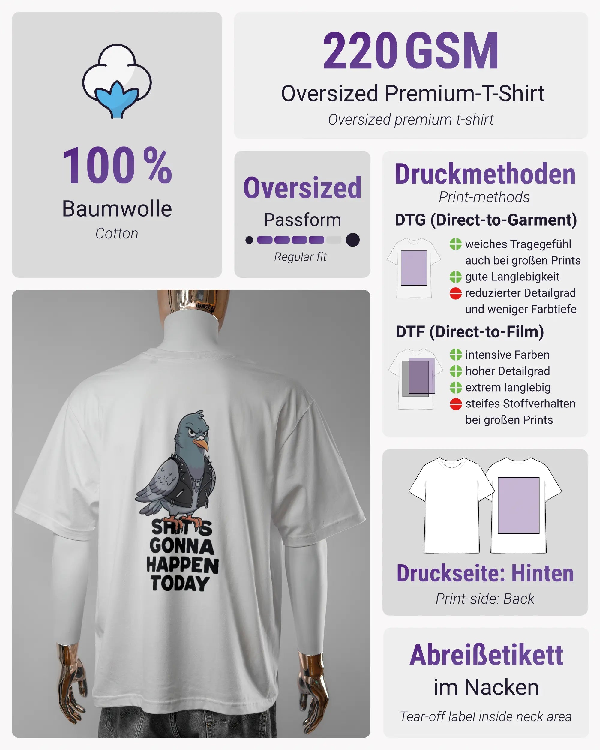 Produktinformationsblatt des Basic Unisex T-Shirt Oversized von Maondo mit dem Design Pigeon Pun hinten in der Farbe White und in der Größe L