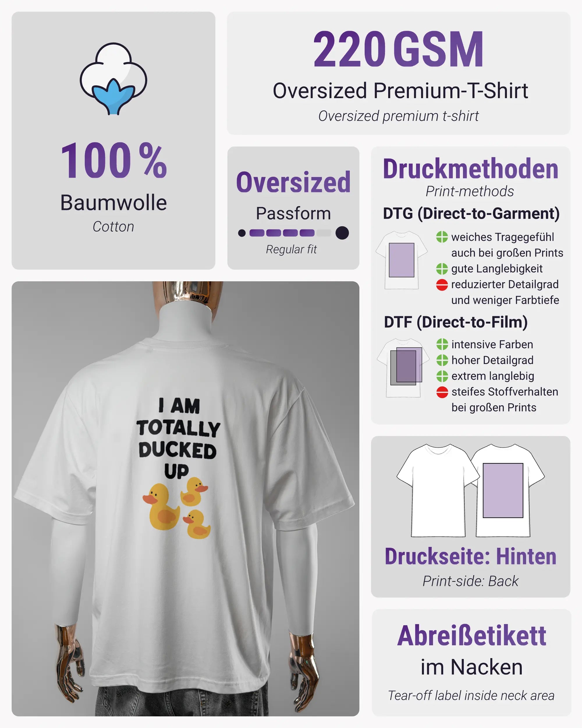 Produktinformationsblatt des Basic Unisex T-Shirt Oversized von Maondo mit dem Design Ducked Up hinten in der Farbe White und in der Größe L