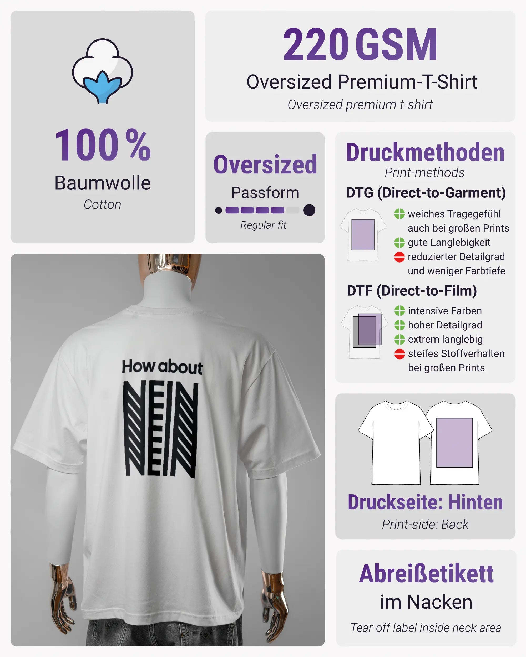 Produktinformationsblatt des Basic Unisex T-Shirt Oversized von Maondo mit dem Design How about nein hinten in der Farbe White und in der Größe L