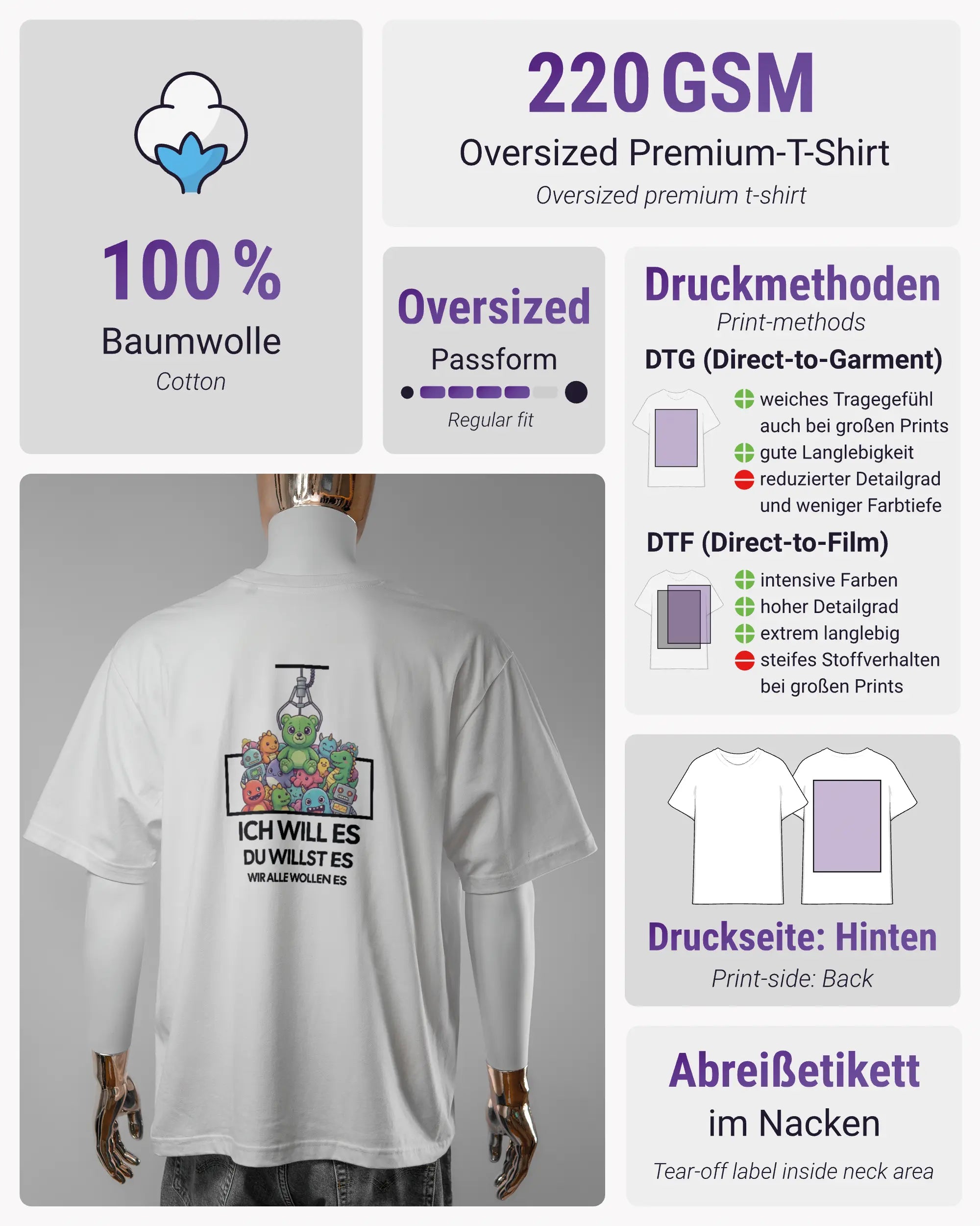 Produktinformationsblatt des Basic Unisex T-Shirt Oversized von Maondo mit dem Design Will Stofftier hinten in der Farbe White und in der Größe L