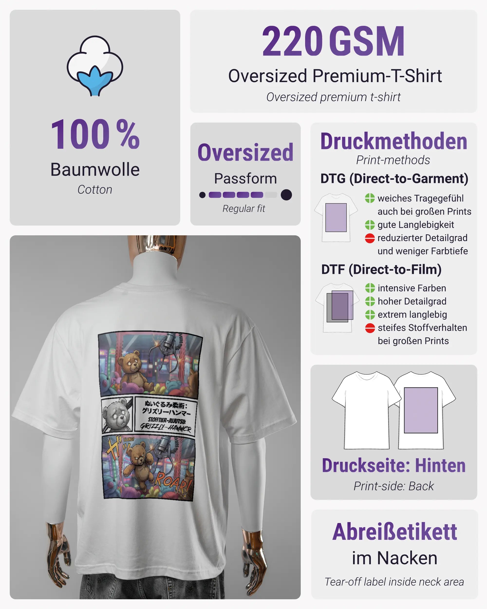 Produktinformationsblatt des Basic Unisex T-Shirt Oversized von Maondo mit dem Design Manga Stoff hinten in der Farbe White und in der Größe L